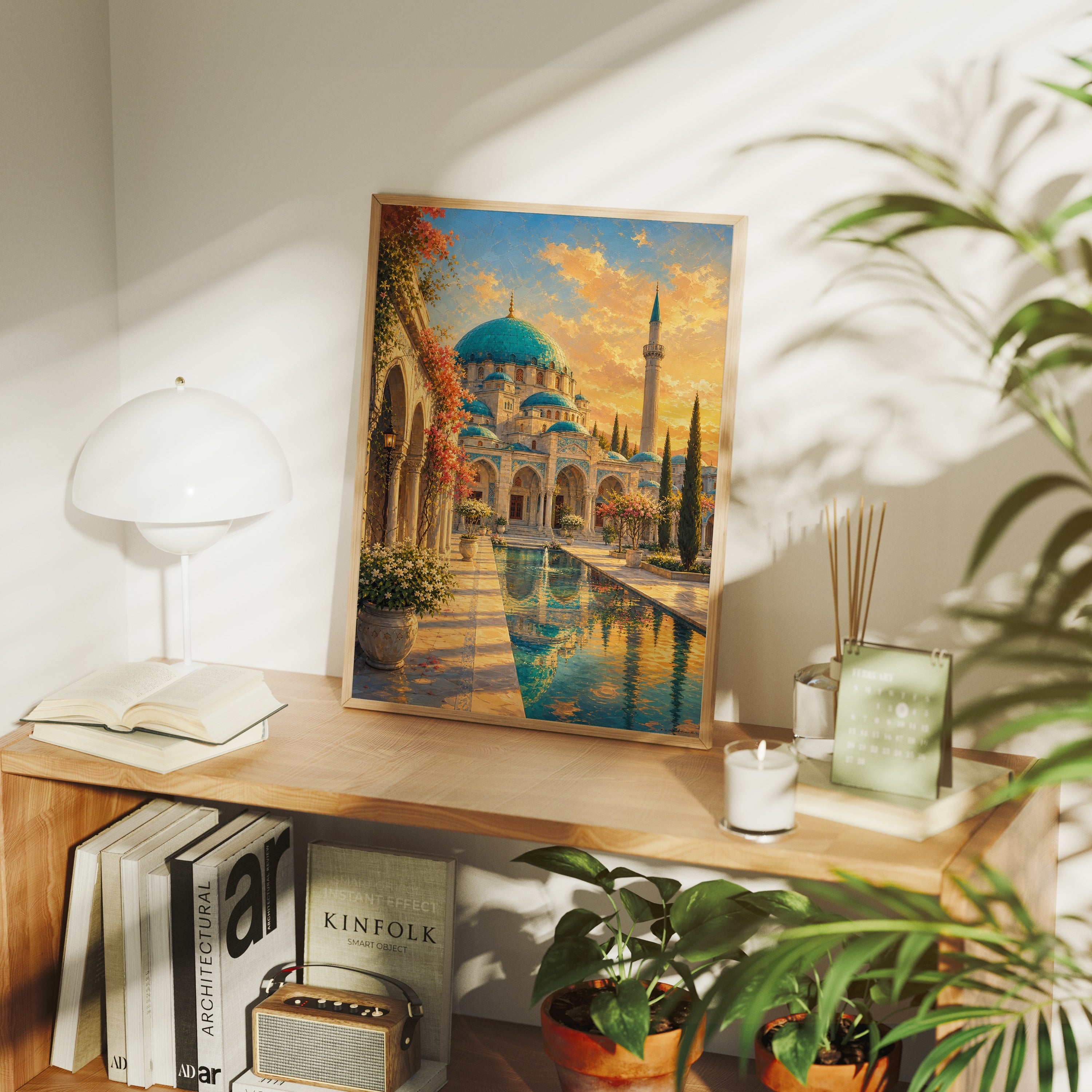 Istanbul Courtyard Mosque Sunset poster framed room mockup by Seji Art