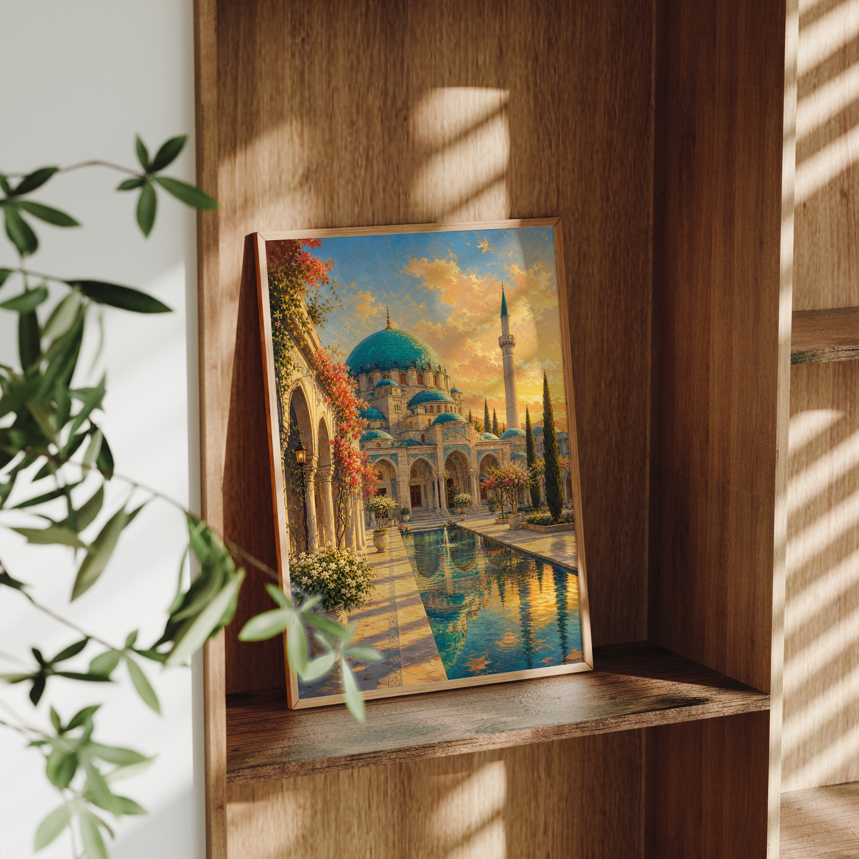 Istanbul Courtyard Mosque Sunset poster gallery shelf mockup by Seji Art
