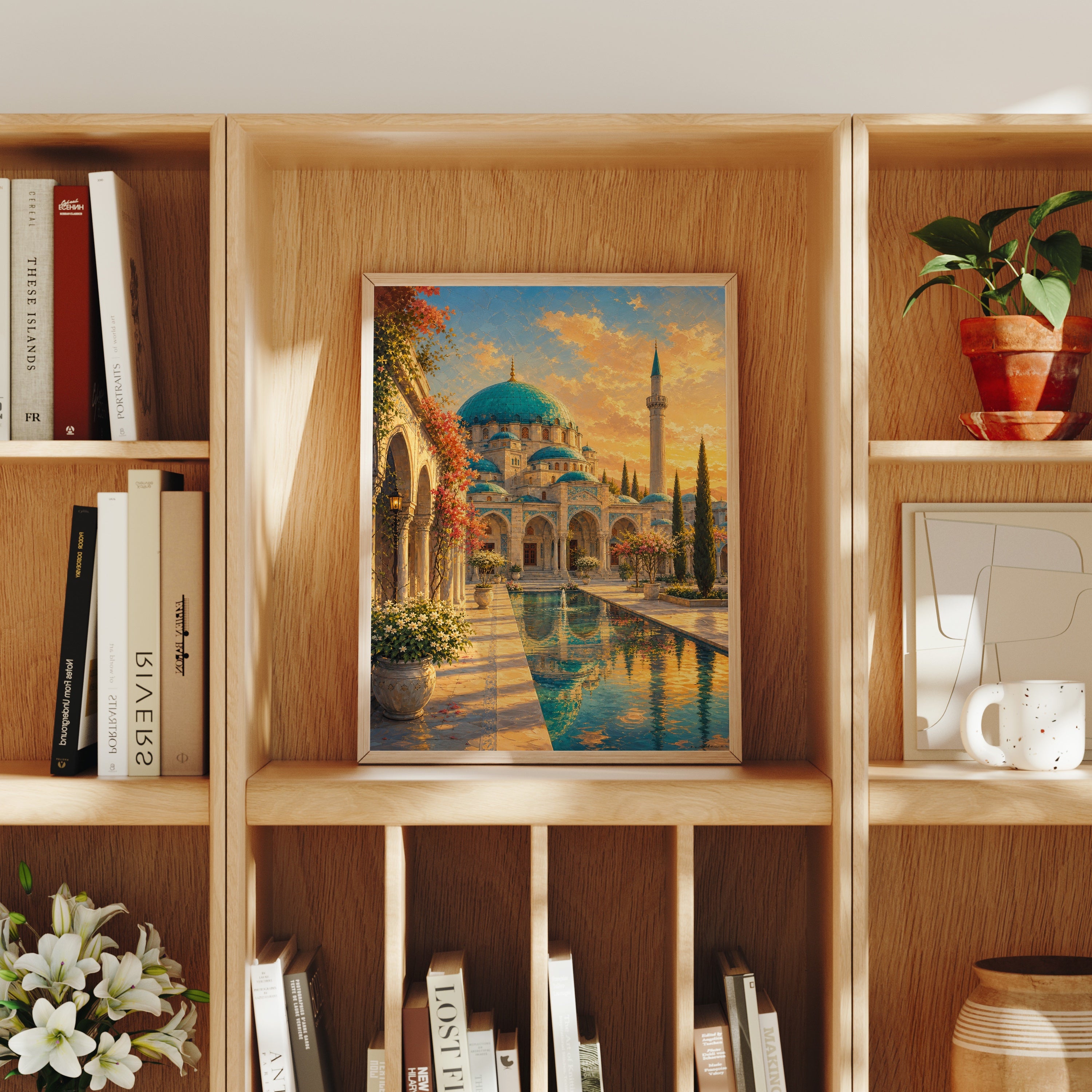 Istanbul Courtyard Mosque Sunset poster home decor mockup by Seji Art