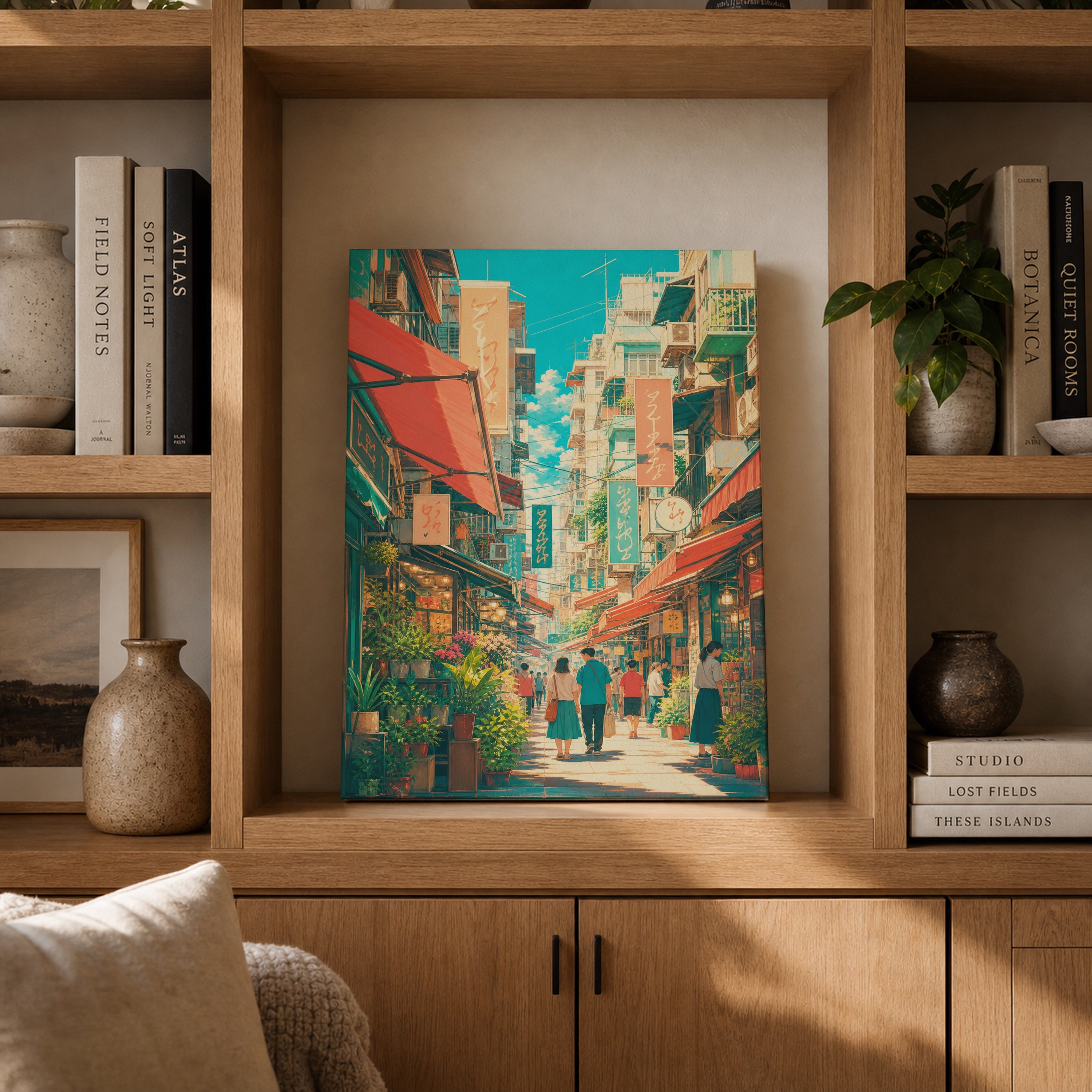 Jiyugaoka Tokyo Sunlit Signage Street canvas gallery shelf mockup by Seji Art