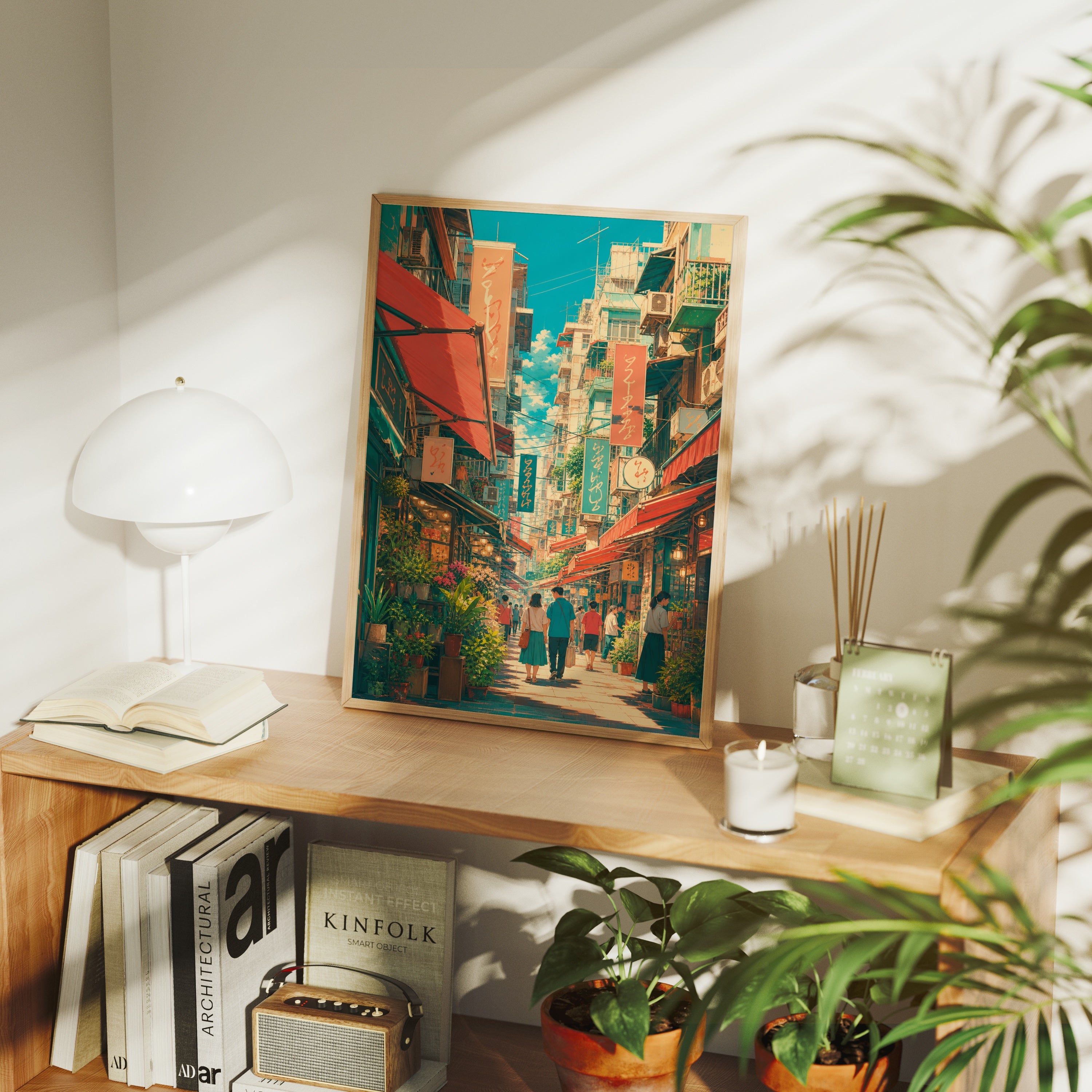 Jiyugaoka Tokyo Sunlit Signage Street poster framed room mockup by Seji Art