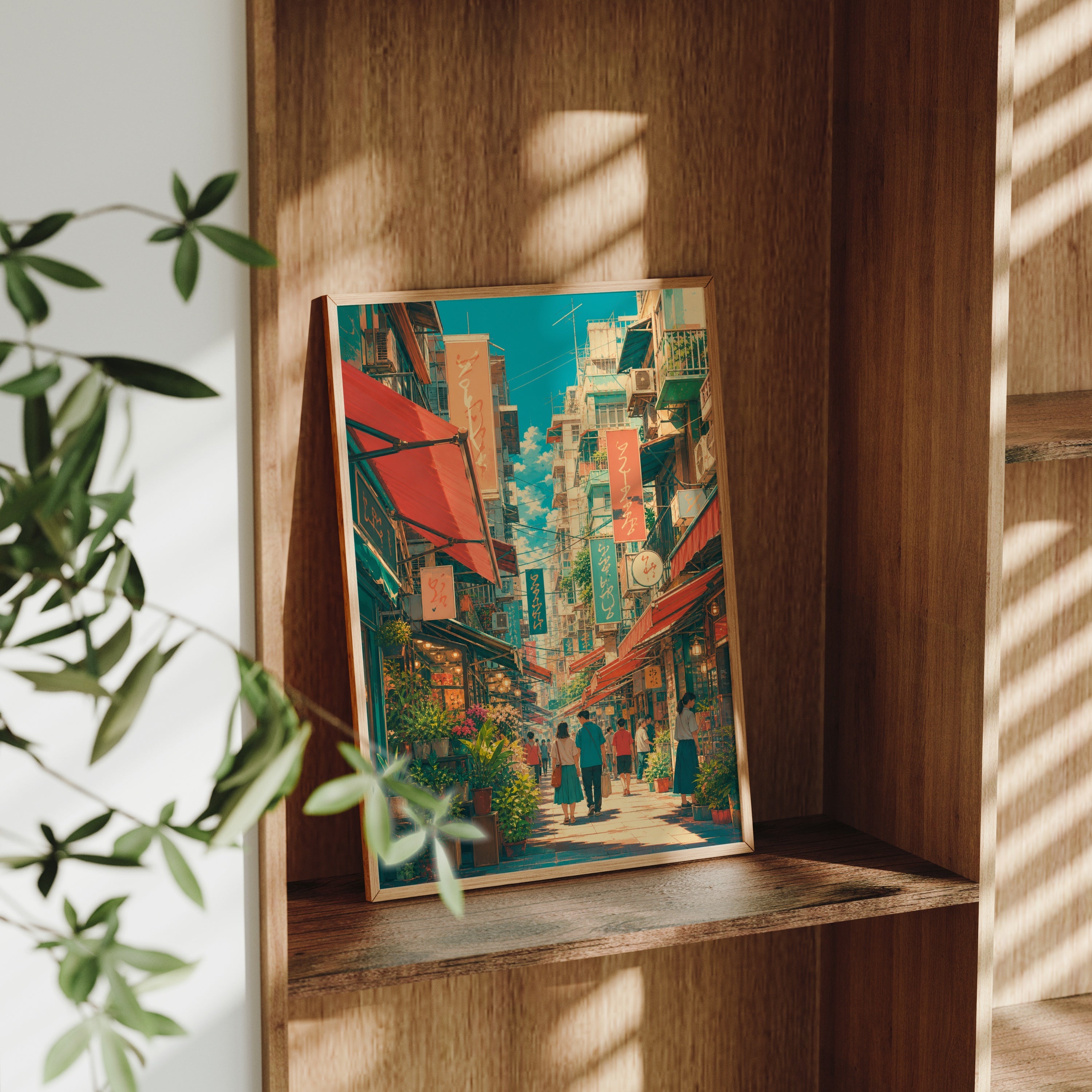 Jiyugaoka Tokyo Sunlit Signage Street poster gallery shelf mockup by Seji Art