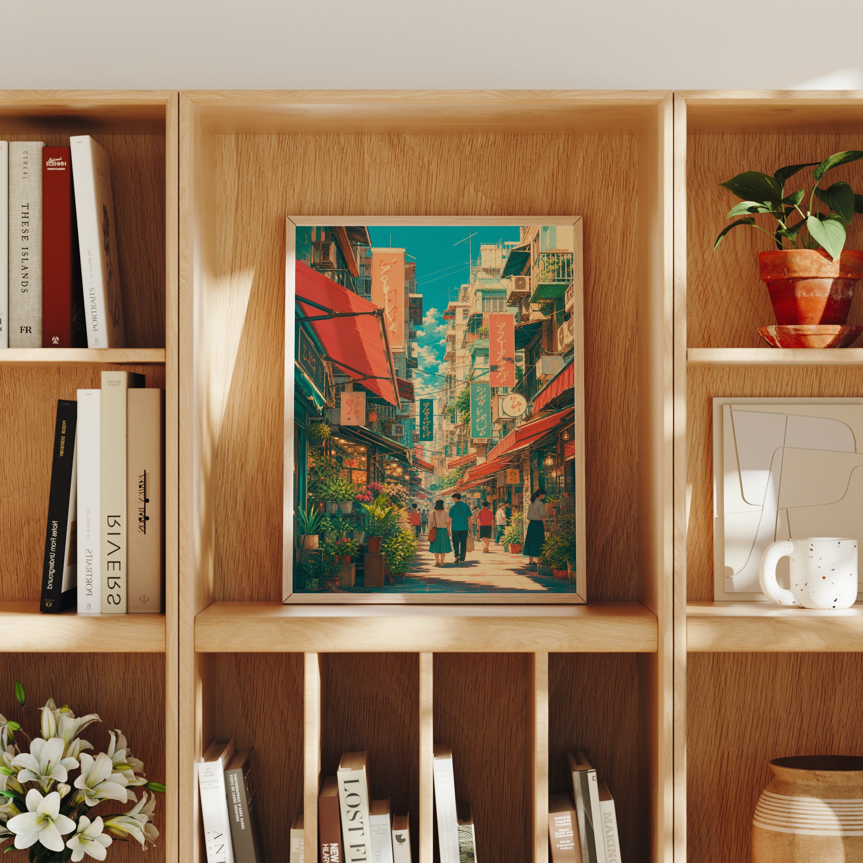 Jiyugaoka Tokyo Sunlit Signage Street poster home decor mockup by Seji Art