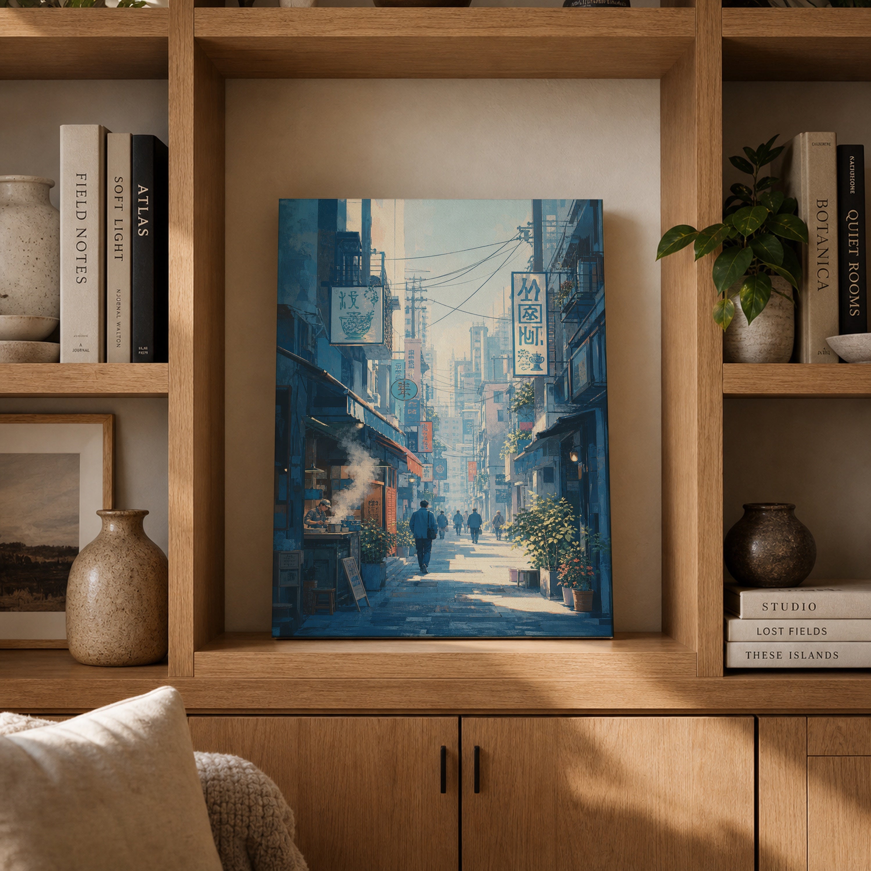 Kanda Tokyo Morning Alley canvas gallery shelf mockup by Seji Art