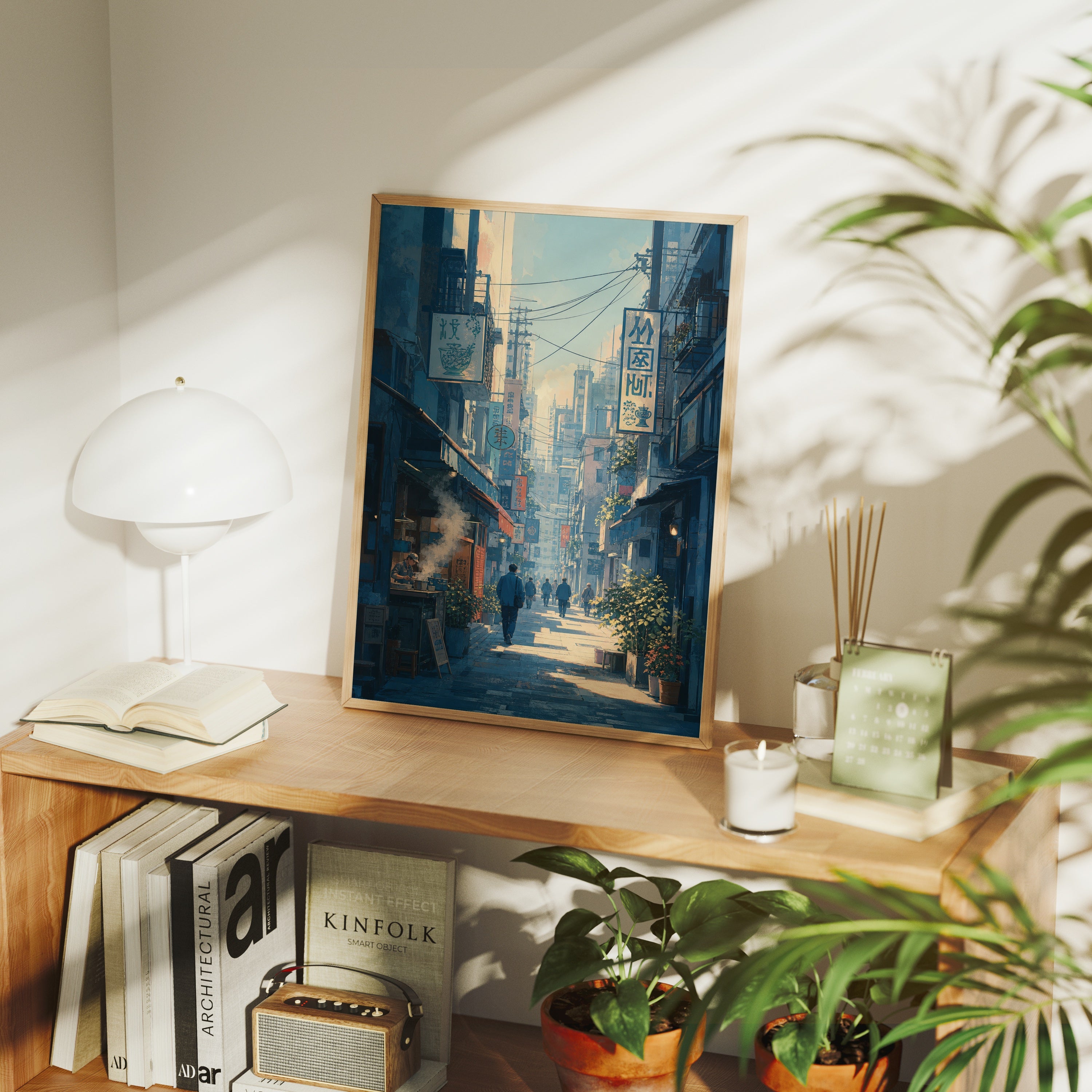 Kanda Tokyo Morning Alley poster framed room mockup by Seji Art