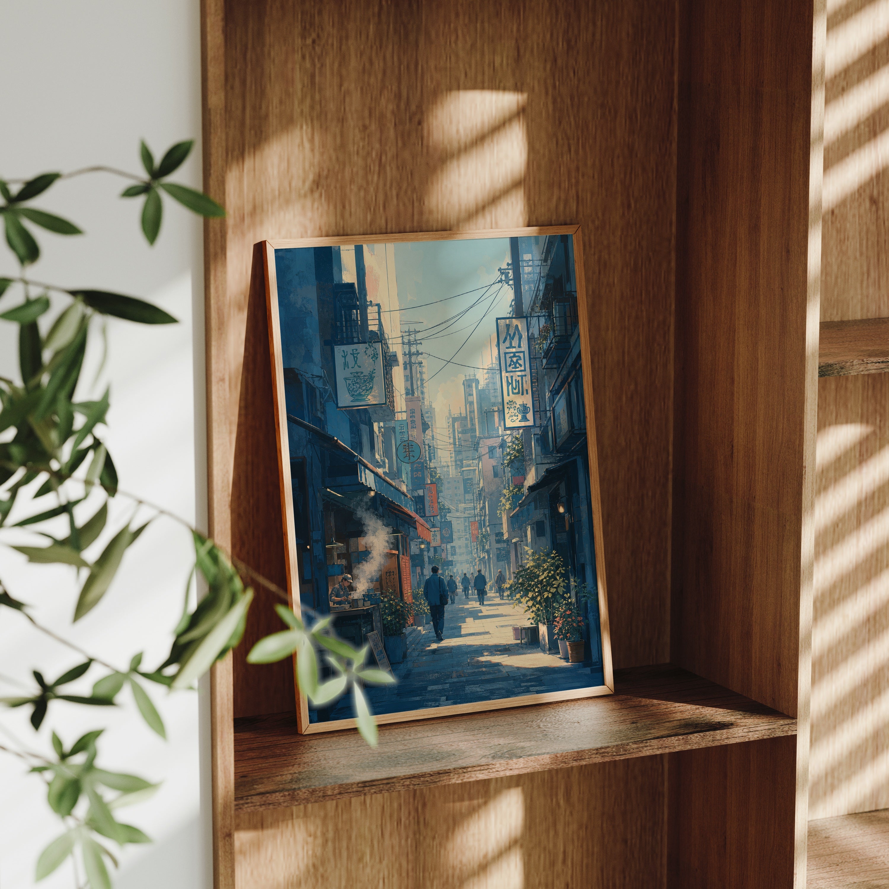 Kanda Tokyo Morning Alley poster gallery shelf mockup by Seji Art