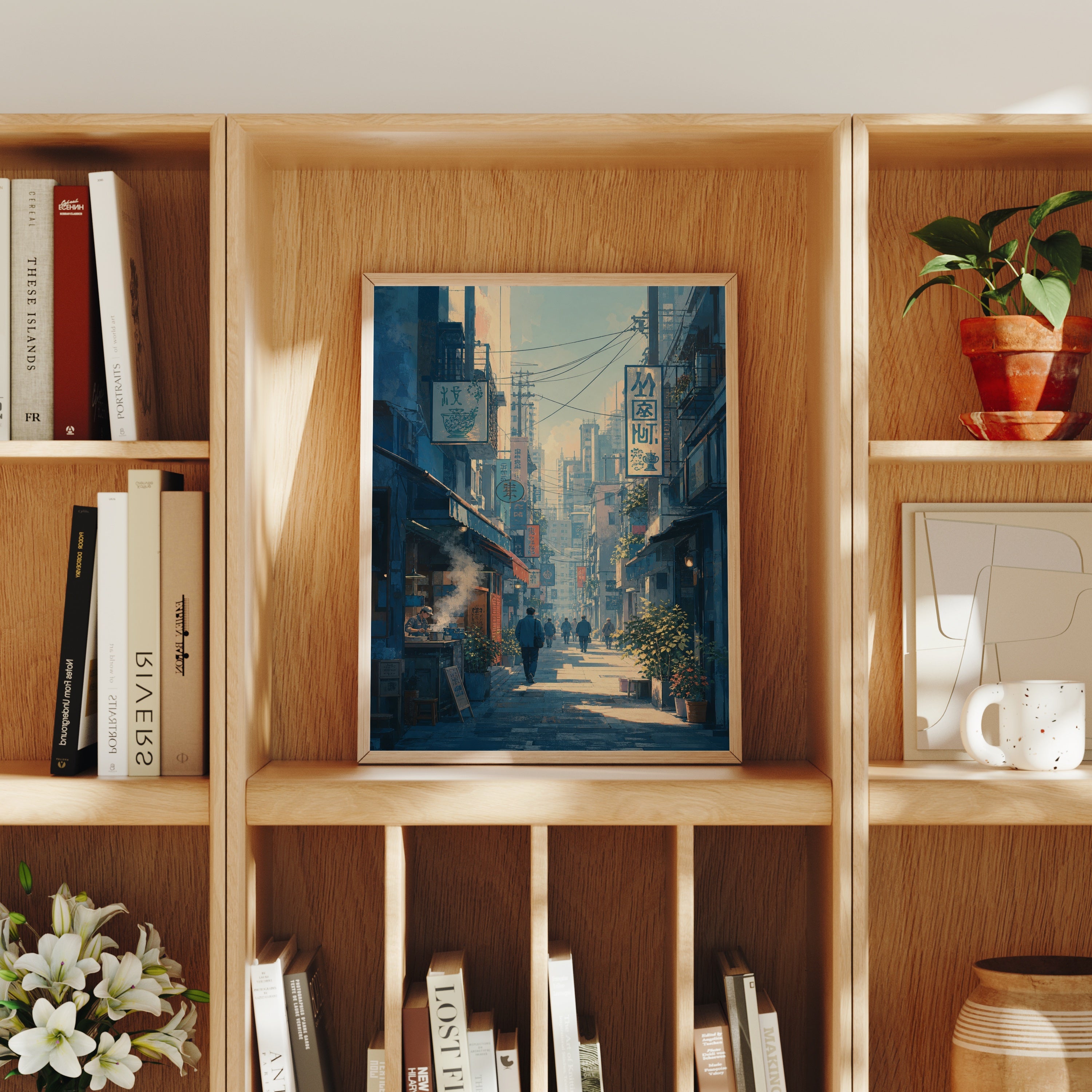 Kanda Tokyo Morning Alley poster home decor mockup by Seji Art