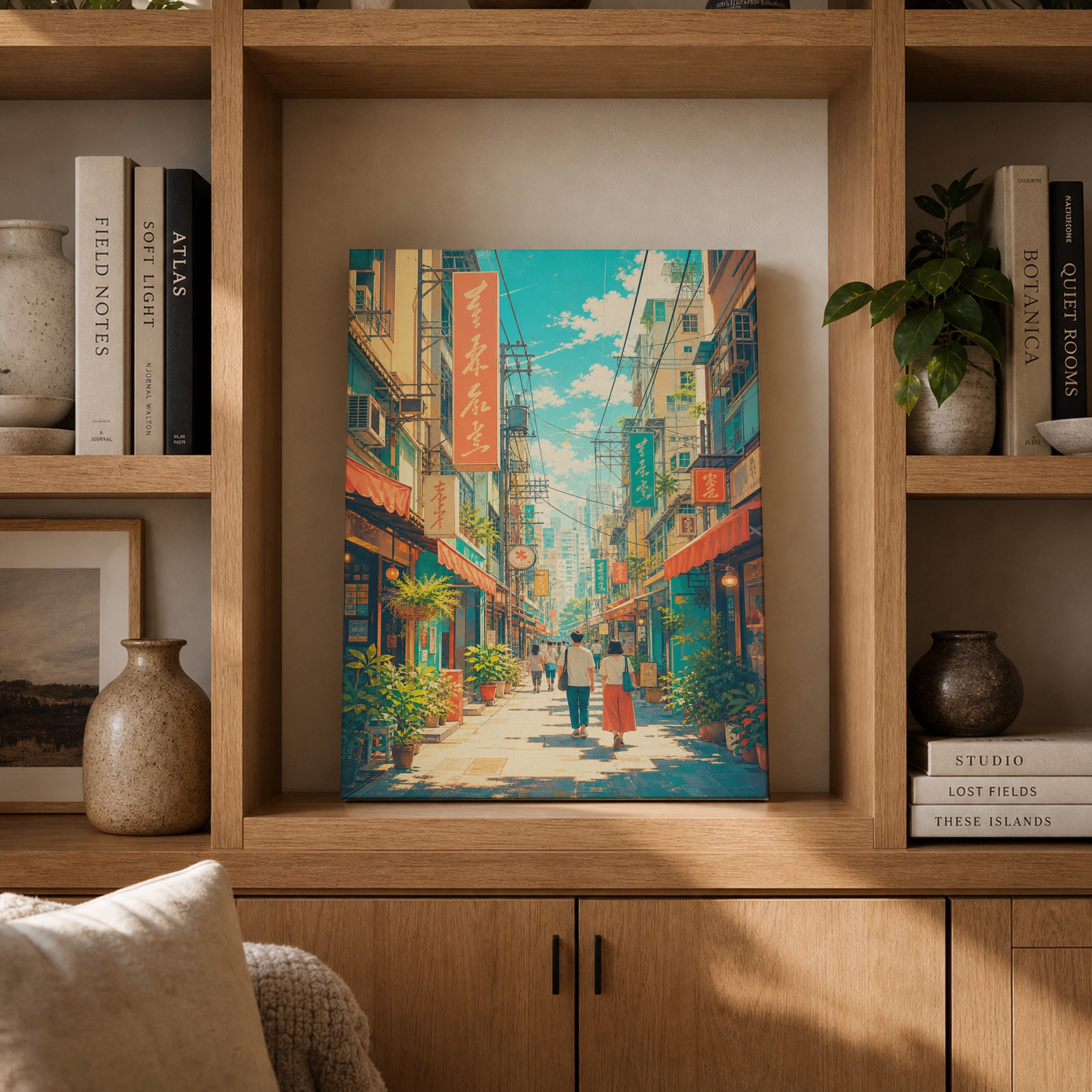 Kichijoji Tokyo Sunny Shopping Street canvas gallery shelf mockup by Seji Art