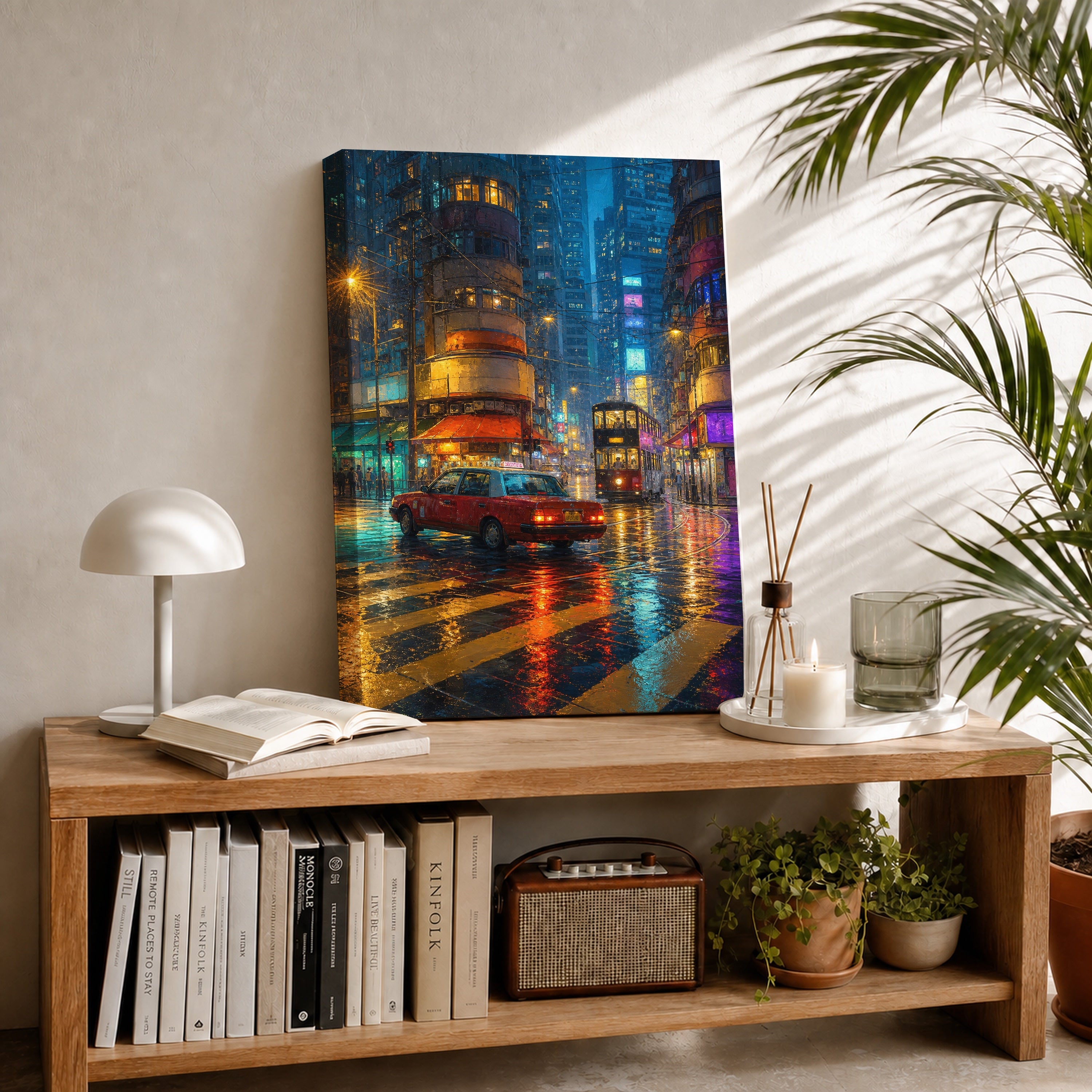 Kowloon Blue Hour Tram Street canvas room mockup by Seji Art