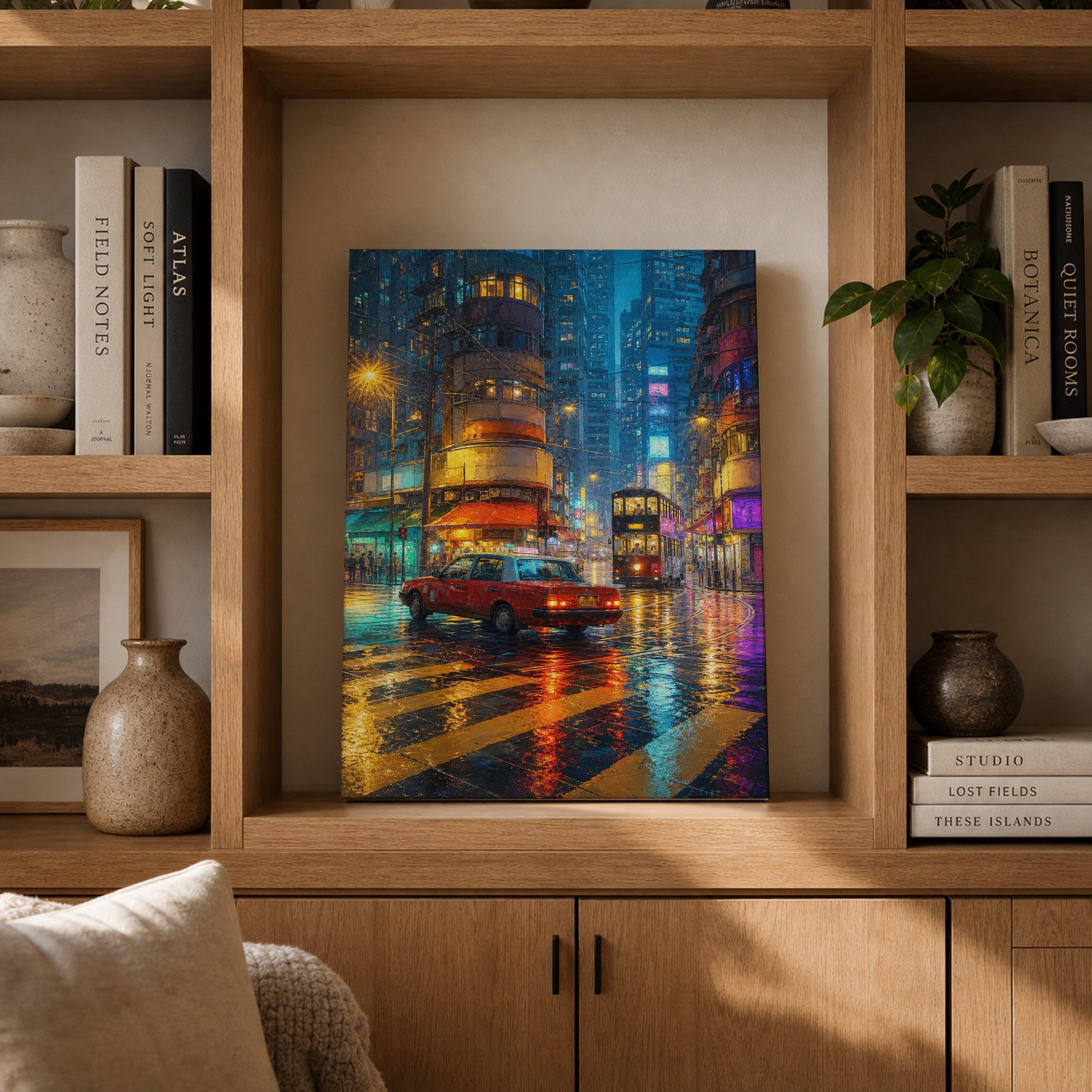 Kowloon Blue Hour Tram Street canvas gallery shelf mockup by Seji Art