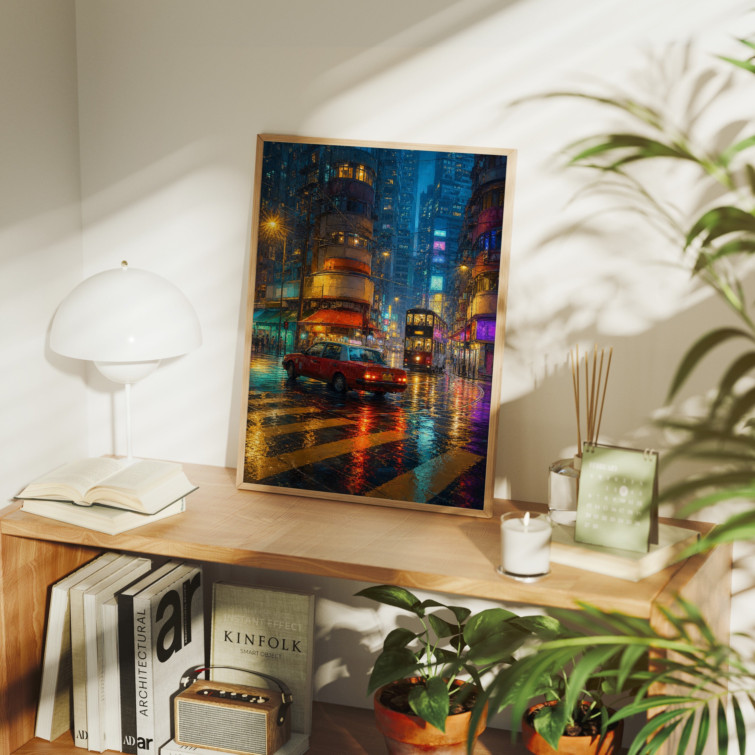 Kowloon Blue Hour Tram Street poster framed room mockup by Seji Art