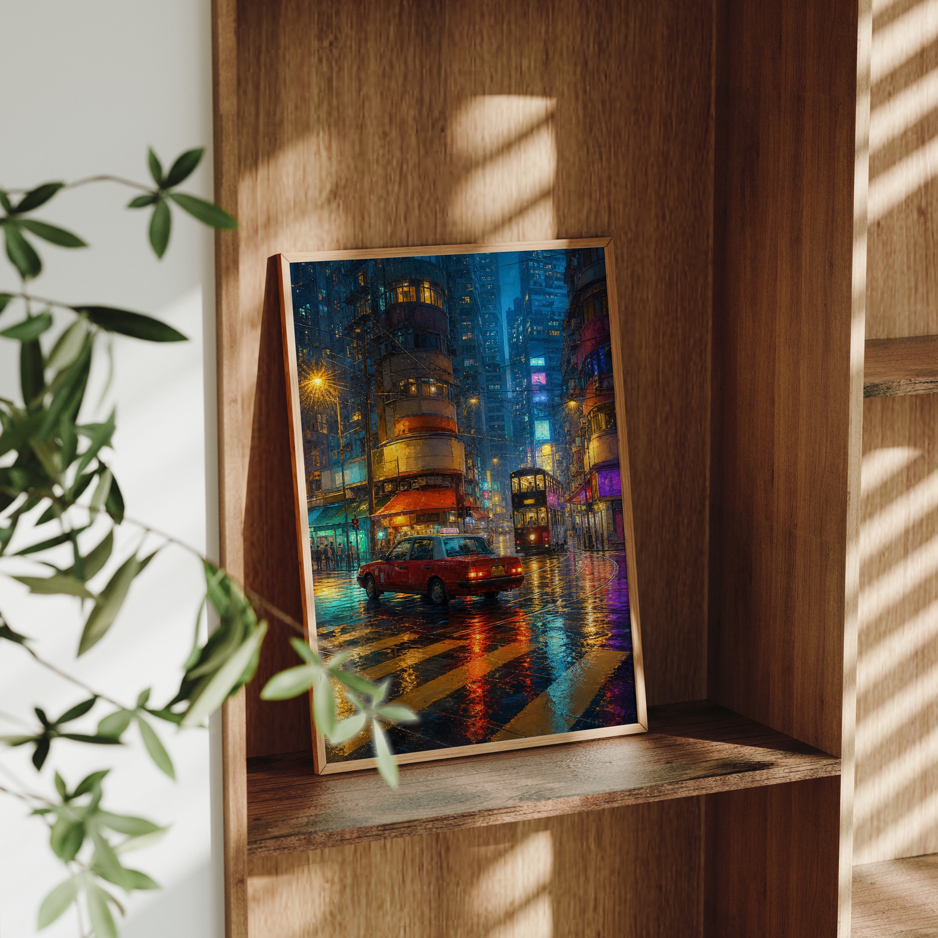 Kowloon Blue Hour Tram Street poster gallery shelf mockup by Seji Art