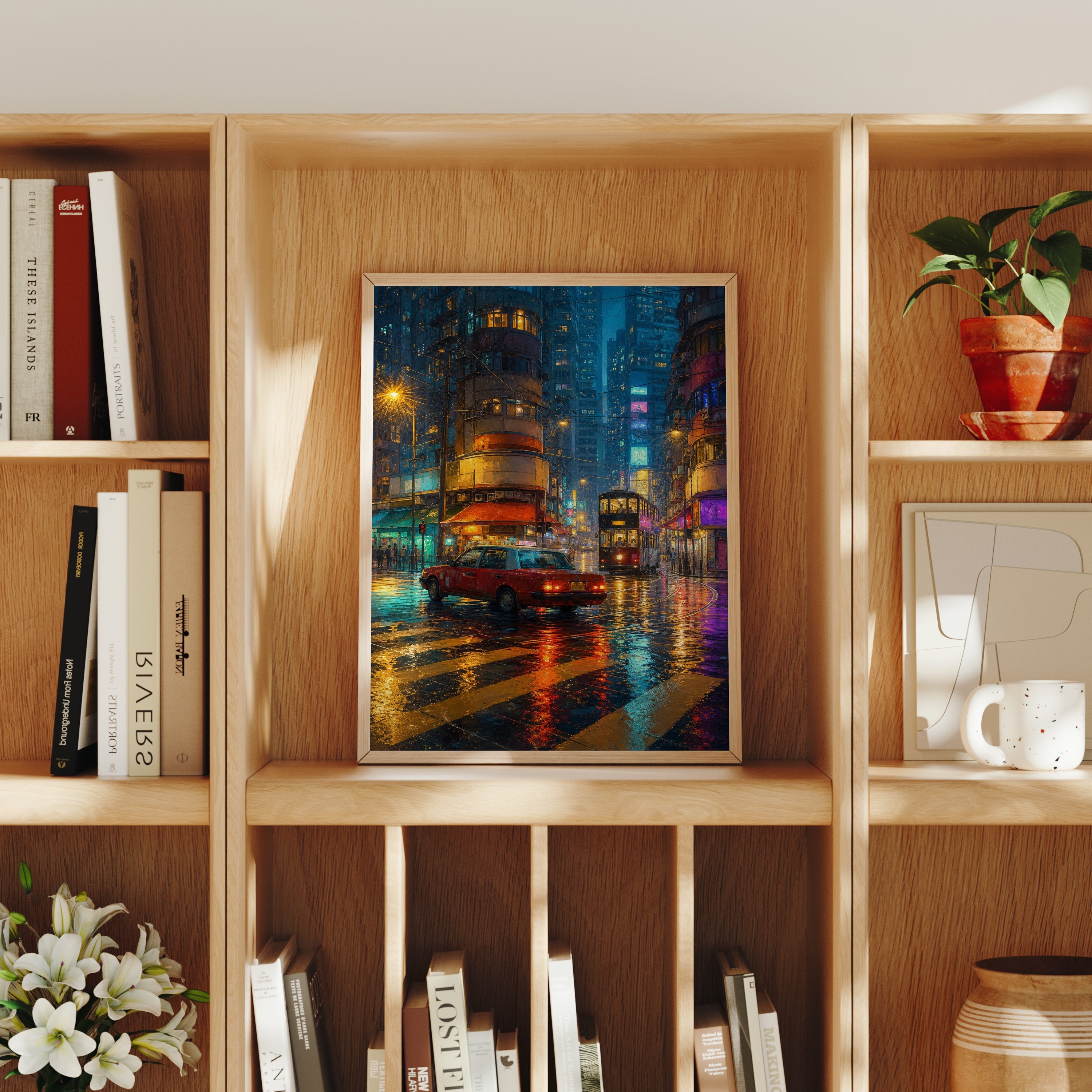 Kowloon Blue Hour Tram Street poster home decor mockup by Seji Art