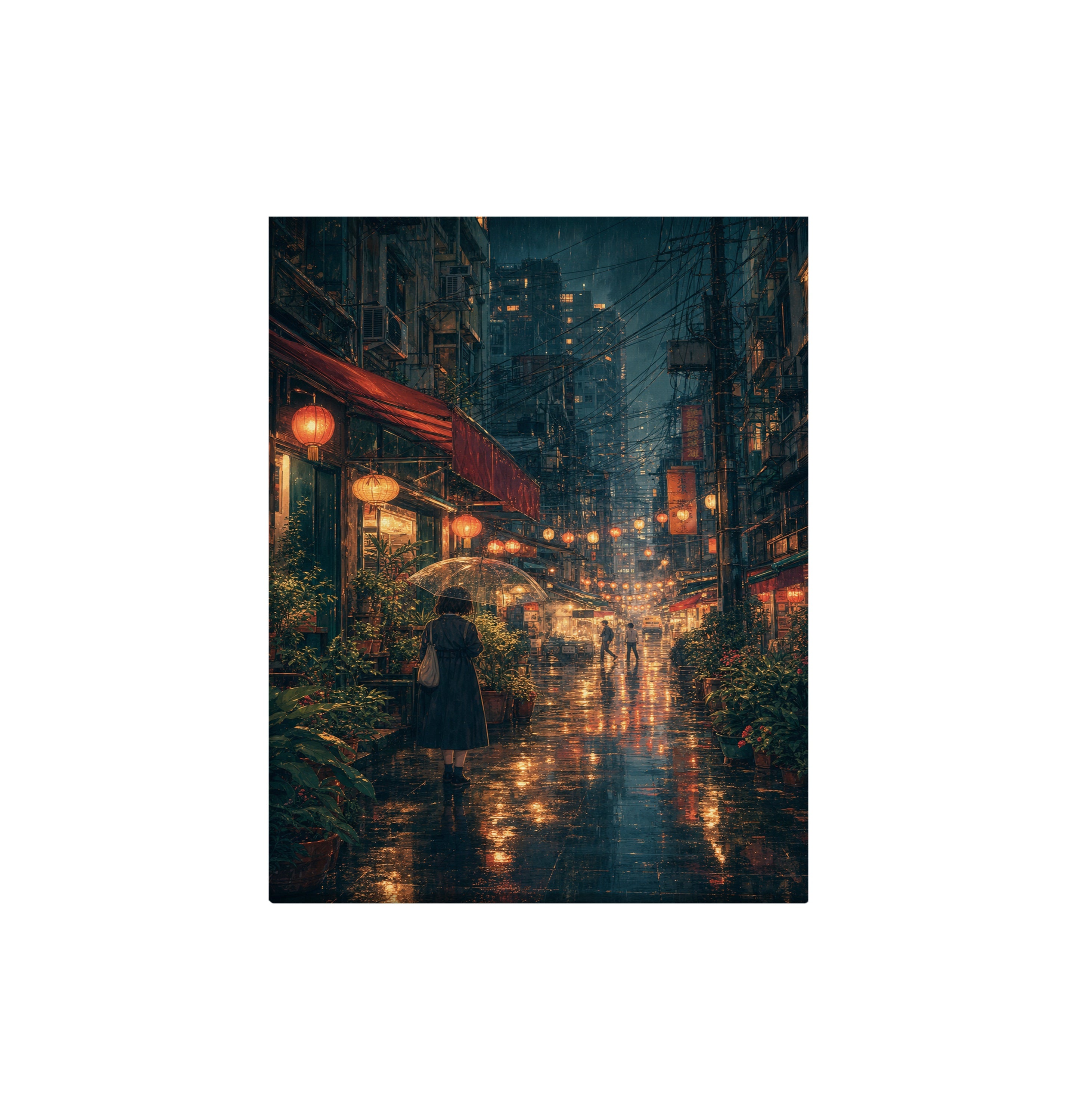 Kowloon Lantern Rain Alley canvas wall art preview by Seji Art