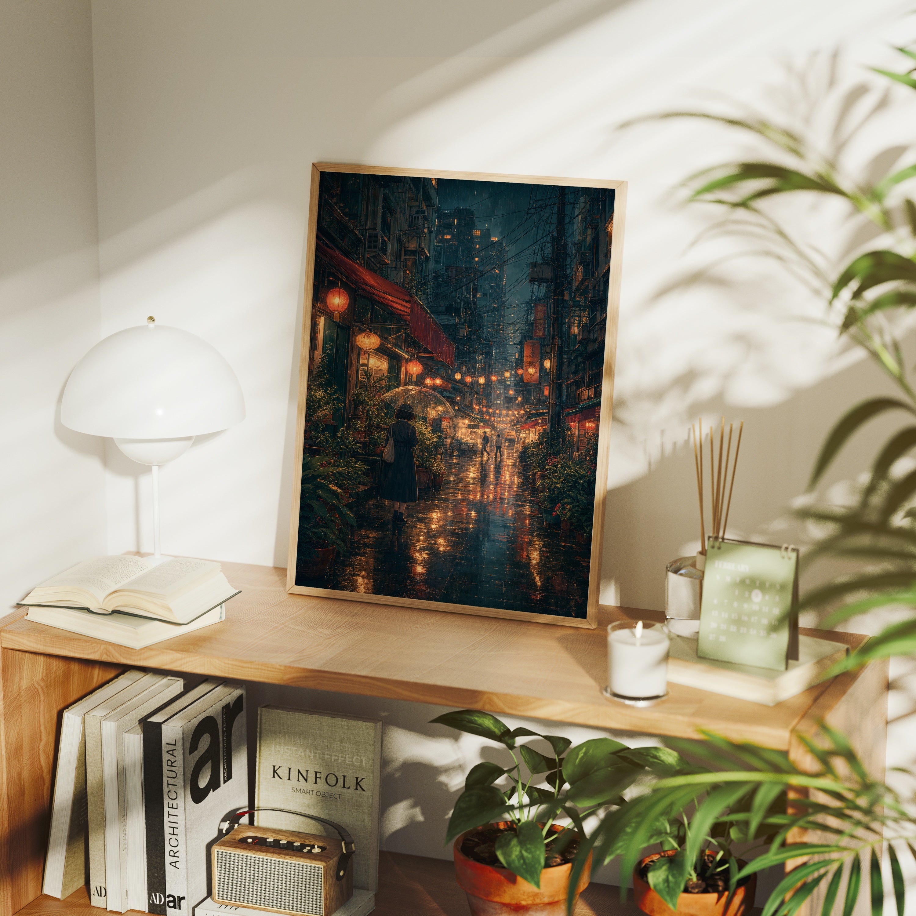 Kowloon Lantern Rain Alley poster framed room mockup by Seji Art