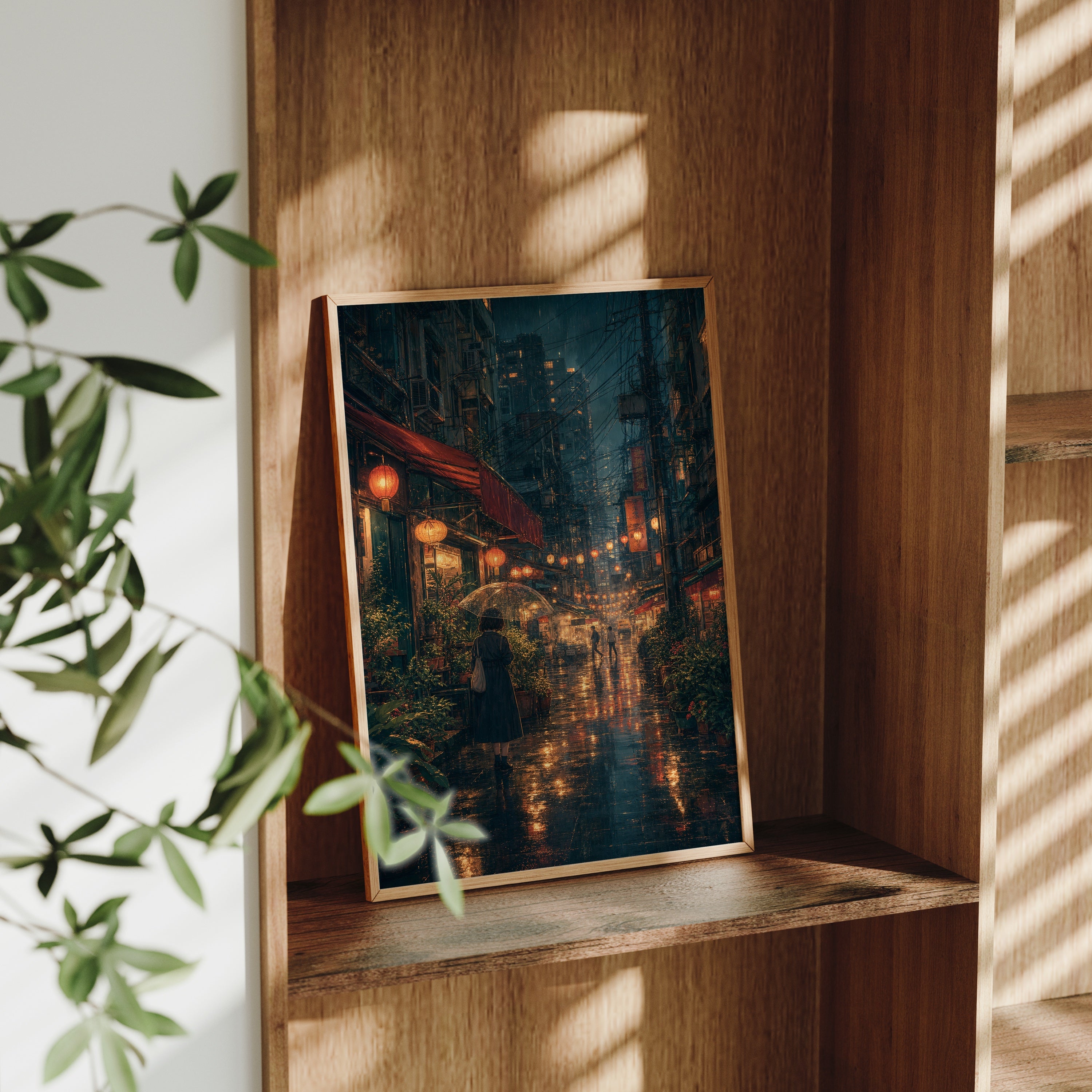Kowloon Lantern Rain Alley poster gallery shelf mockup by Seji Art