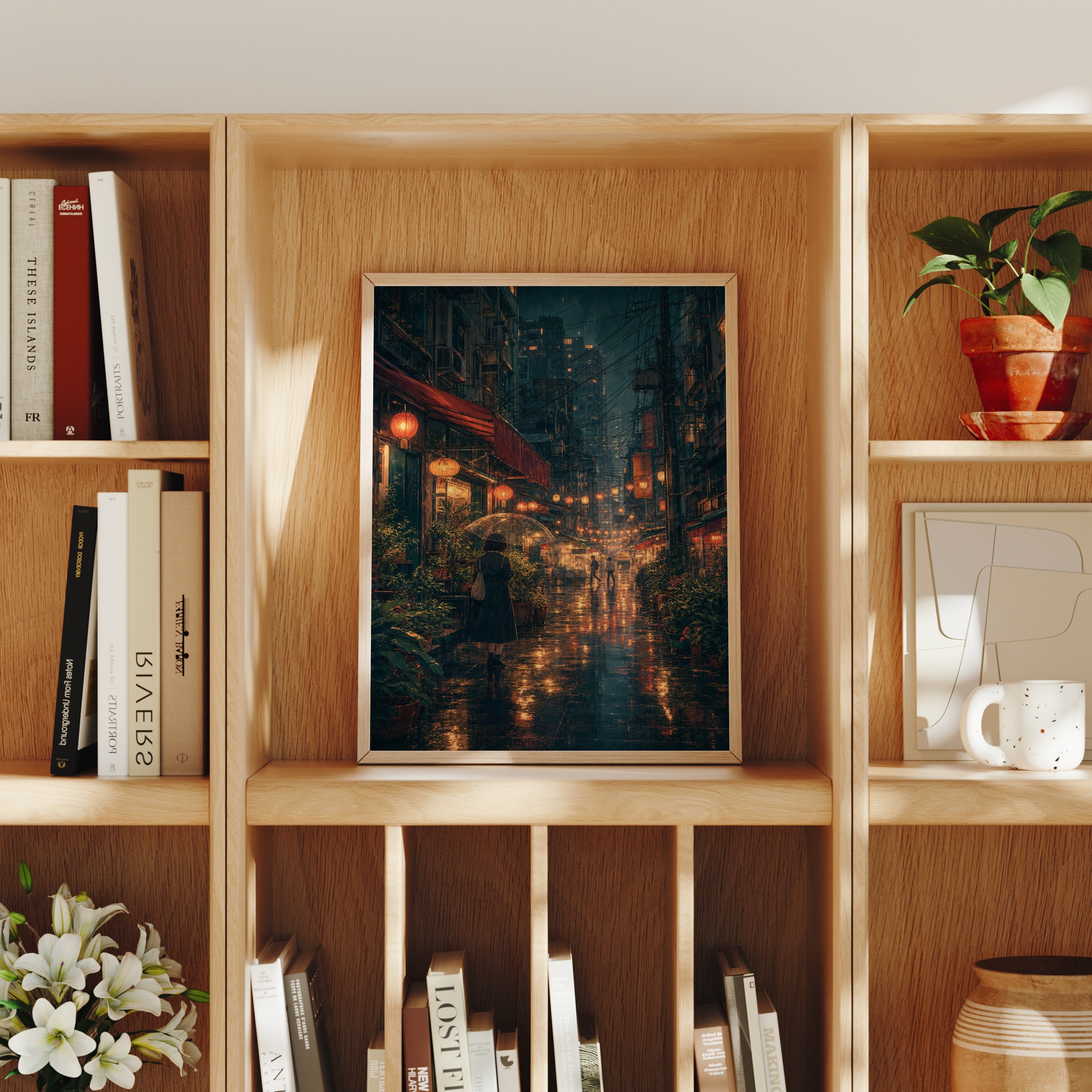Kowloon Lantern Rain Alley poster home decor mockup by Seji Art