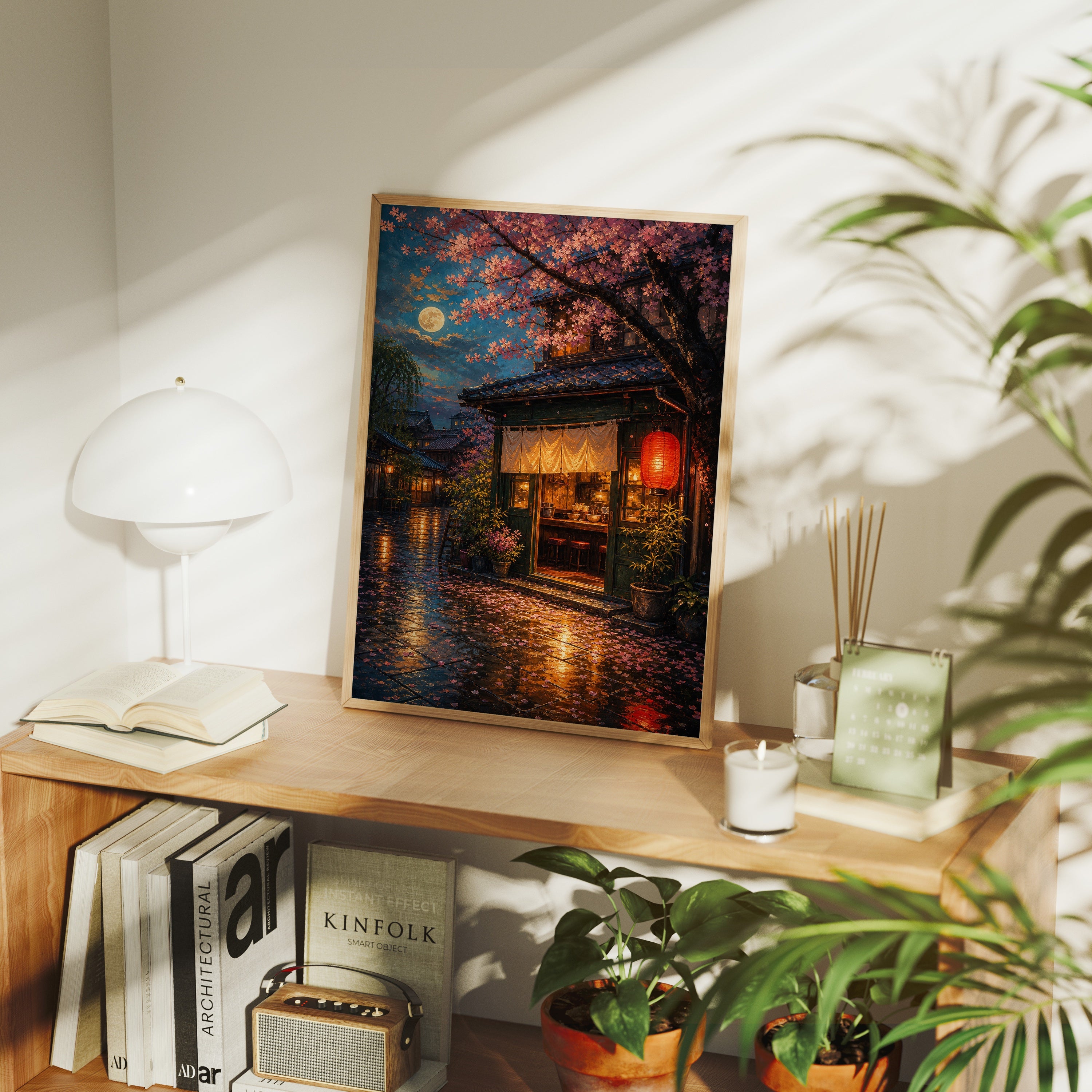 Kyoto Rainy Lantern Street poster framed room mockup by Seji Art
