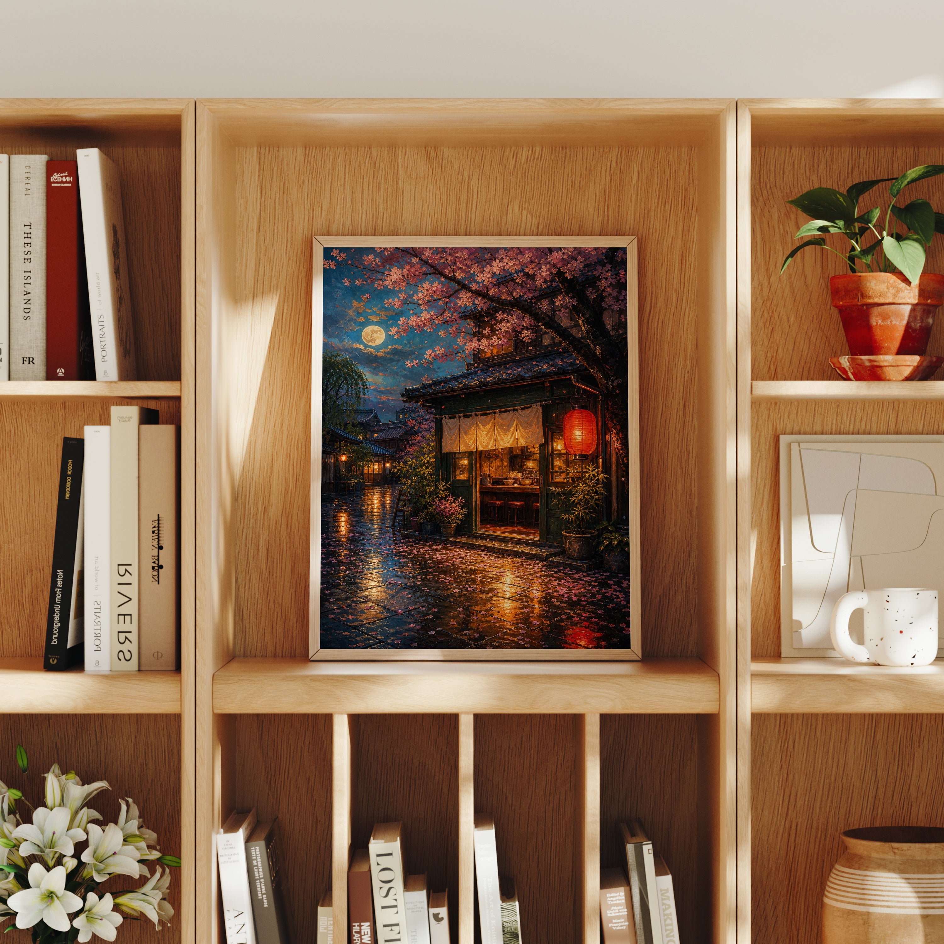 Kyoto Rainy Lantern Street poster home decor mockup by Seji Art
