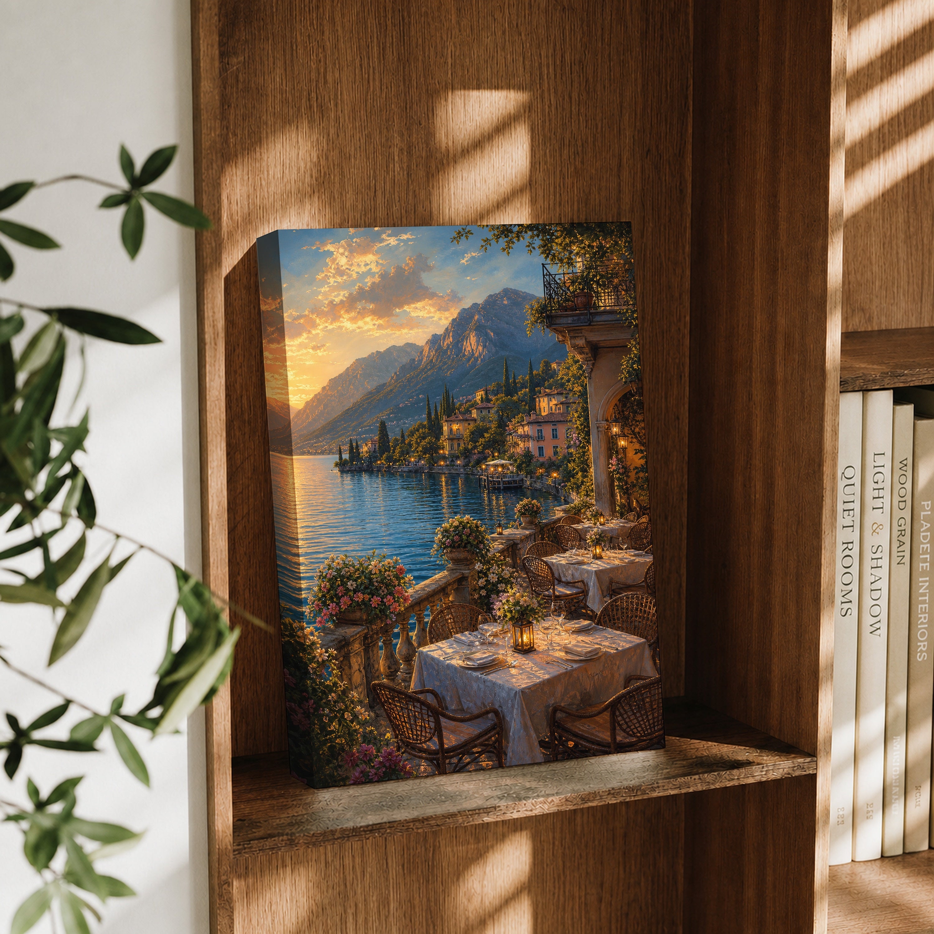 Lake Como Dinner Terrace canvas wall art decor mockup by Seji Art
