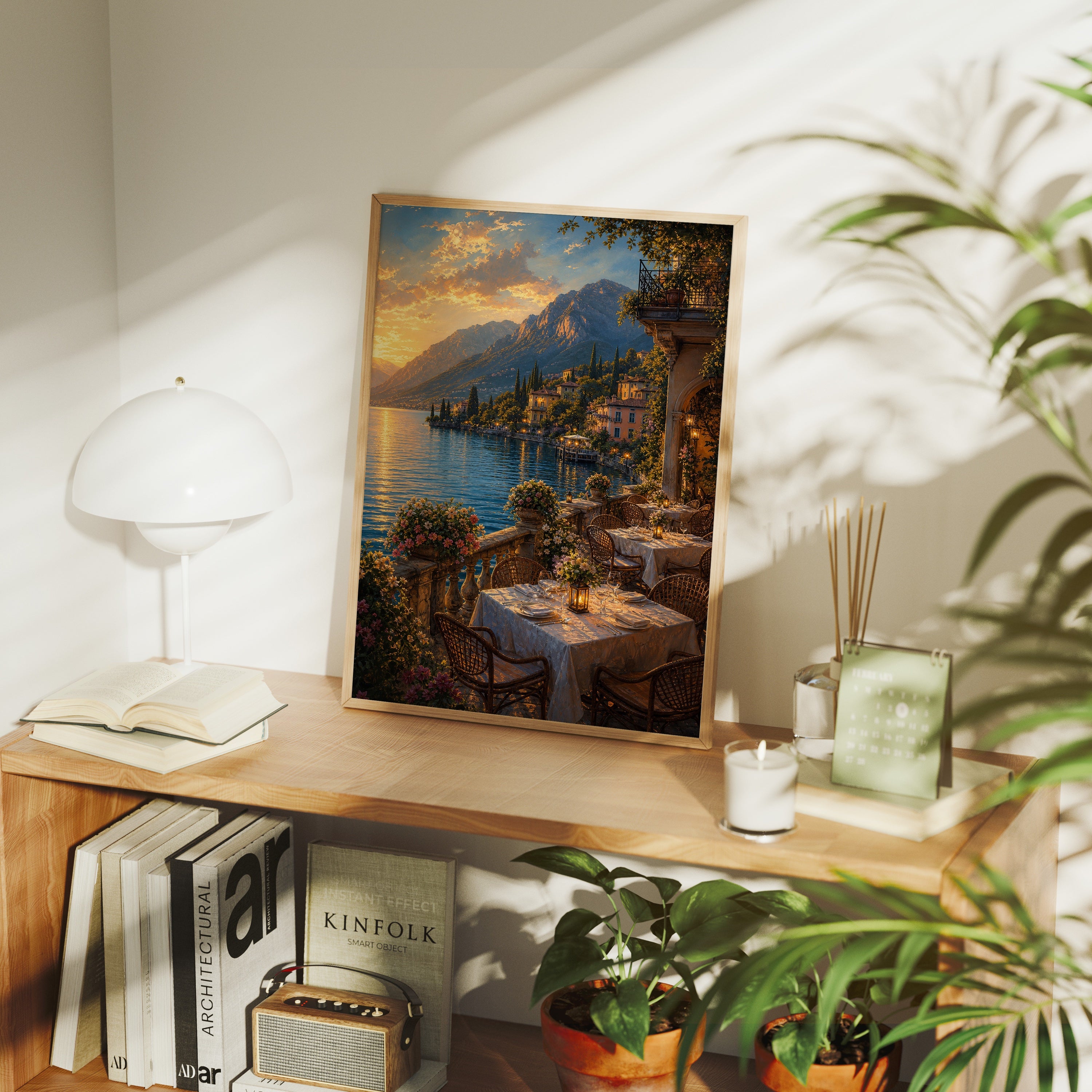 Lake Como Dinner Terrace poster framed room mockup by Seji Art