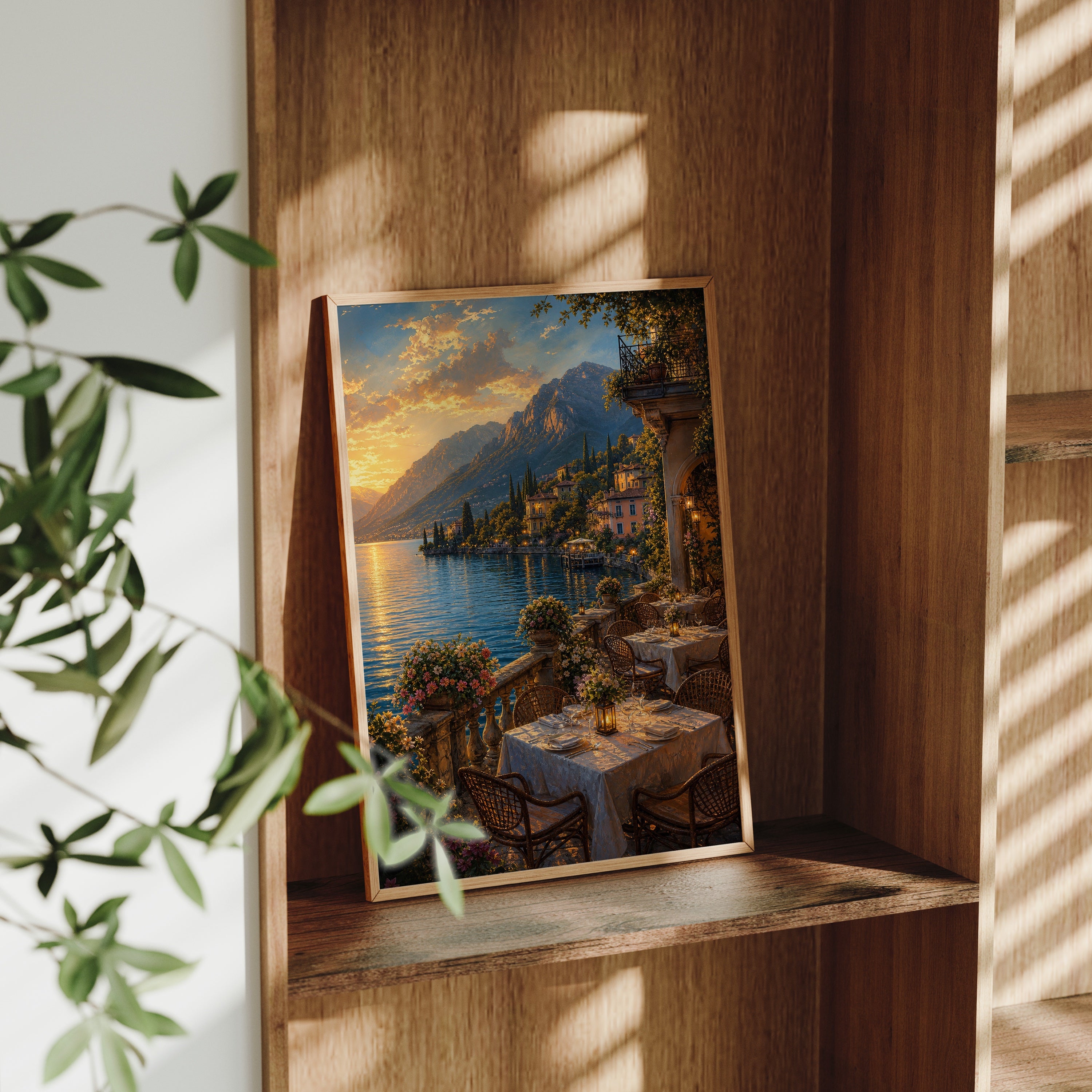 Lake Como Dinner Terrace poster gallery shelf mockup by Seji Art
