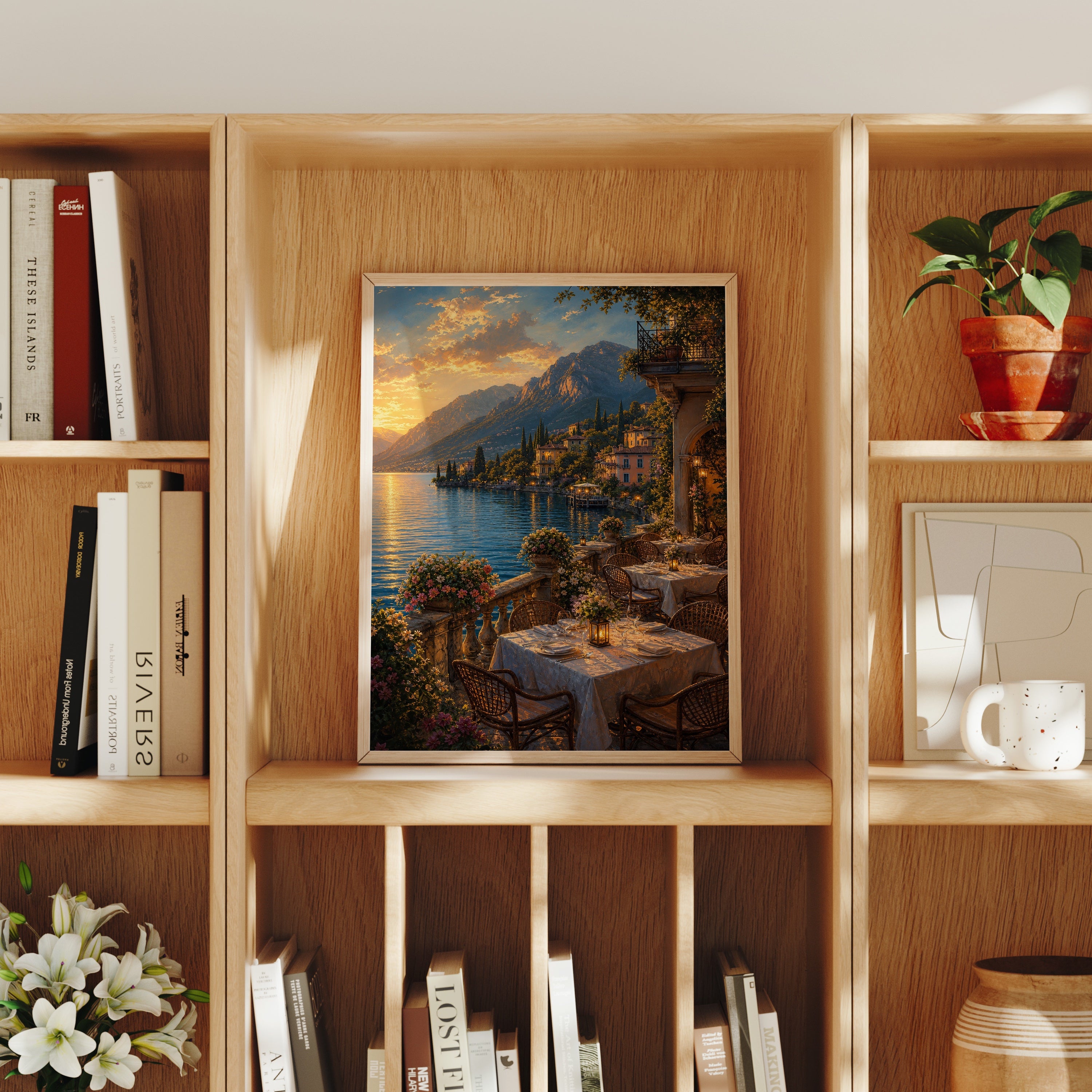 Lake Como Dinner Terrace poster home decor mockup by Seji Art