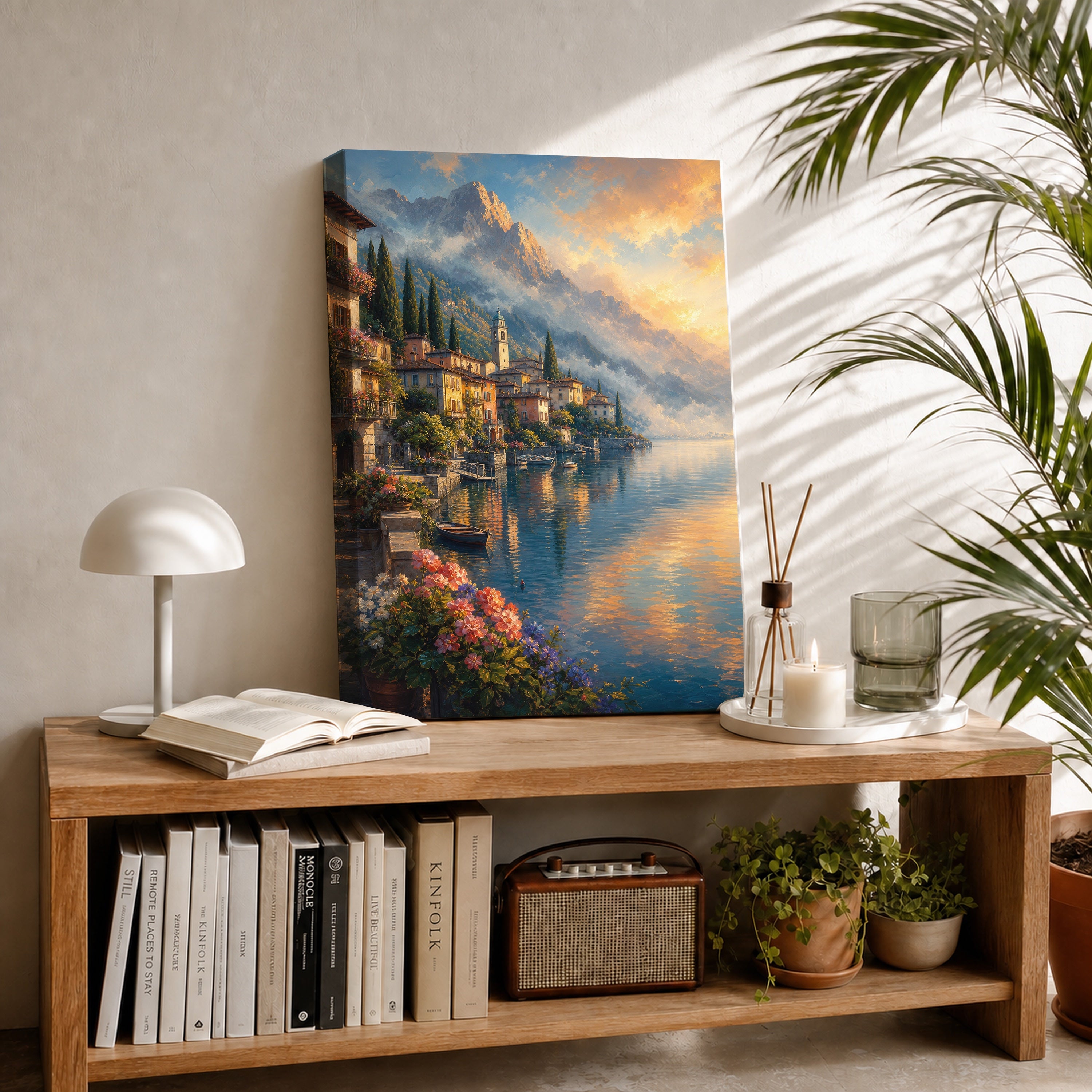 Lake Como Flower Balcony canvas room mockup by Seji Art