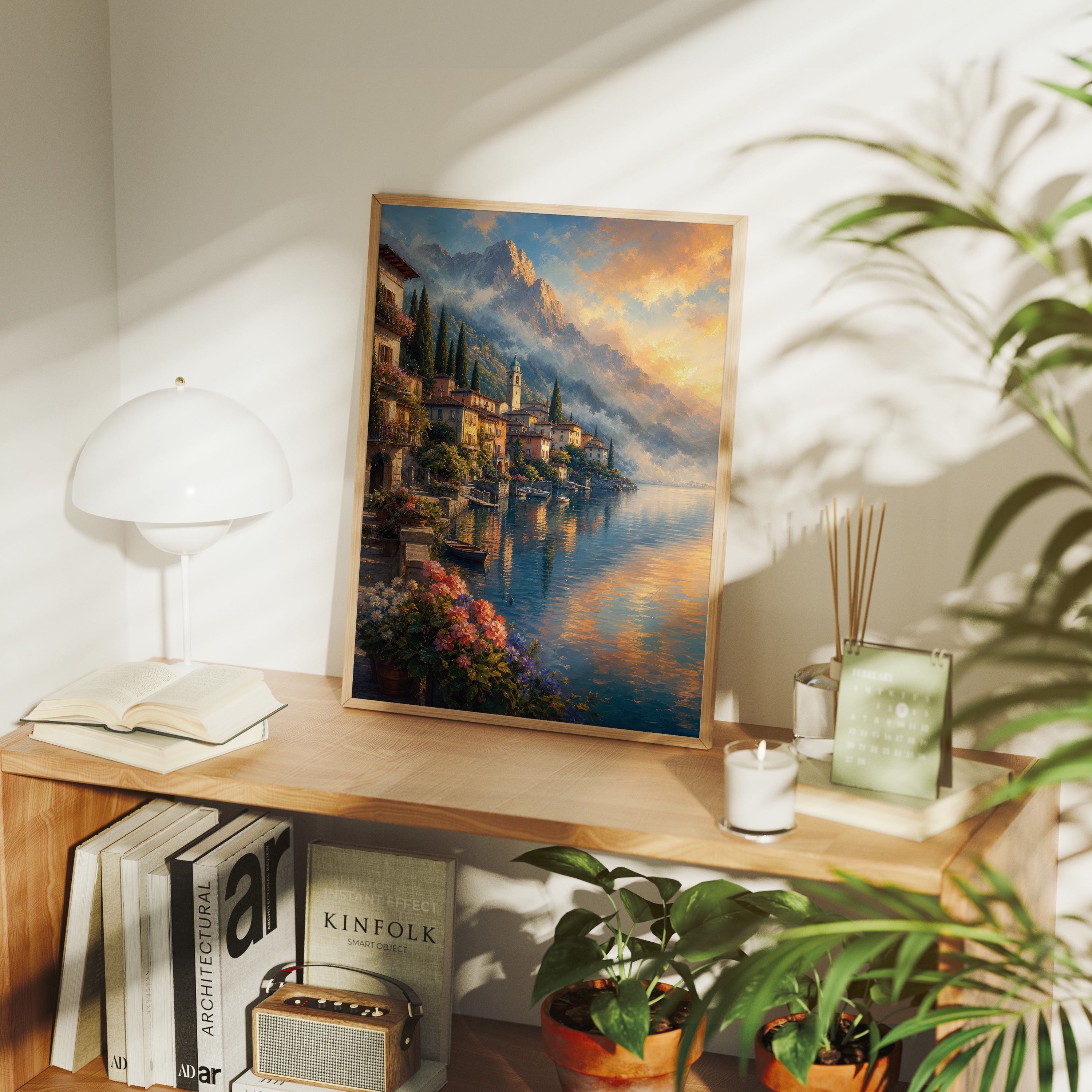 Lake Como Flower Balcony poster framed room mockup by Seji Art