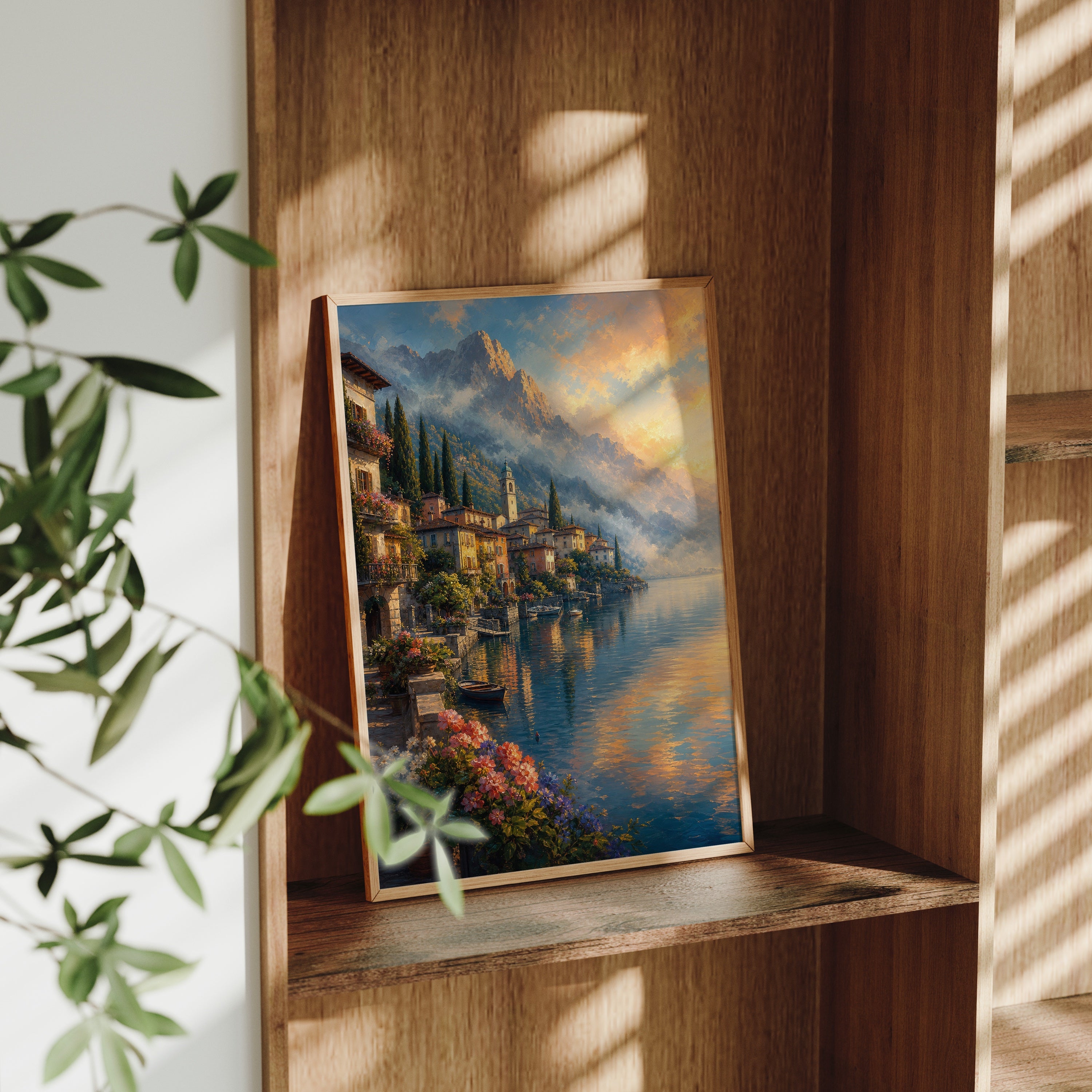 Lake Como Flower Balcony poster gallery shelf mockup by Seji Art