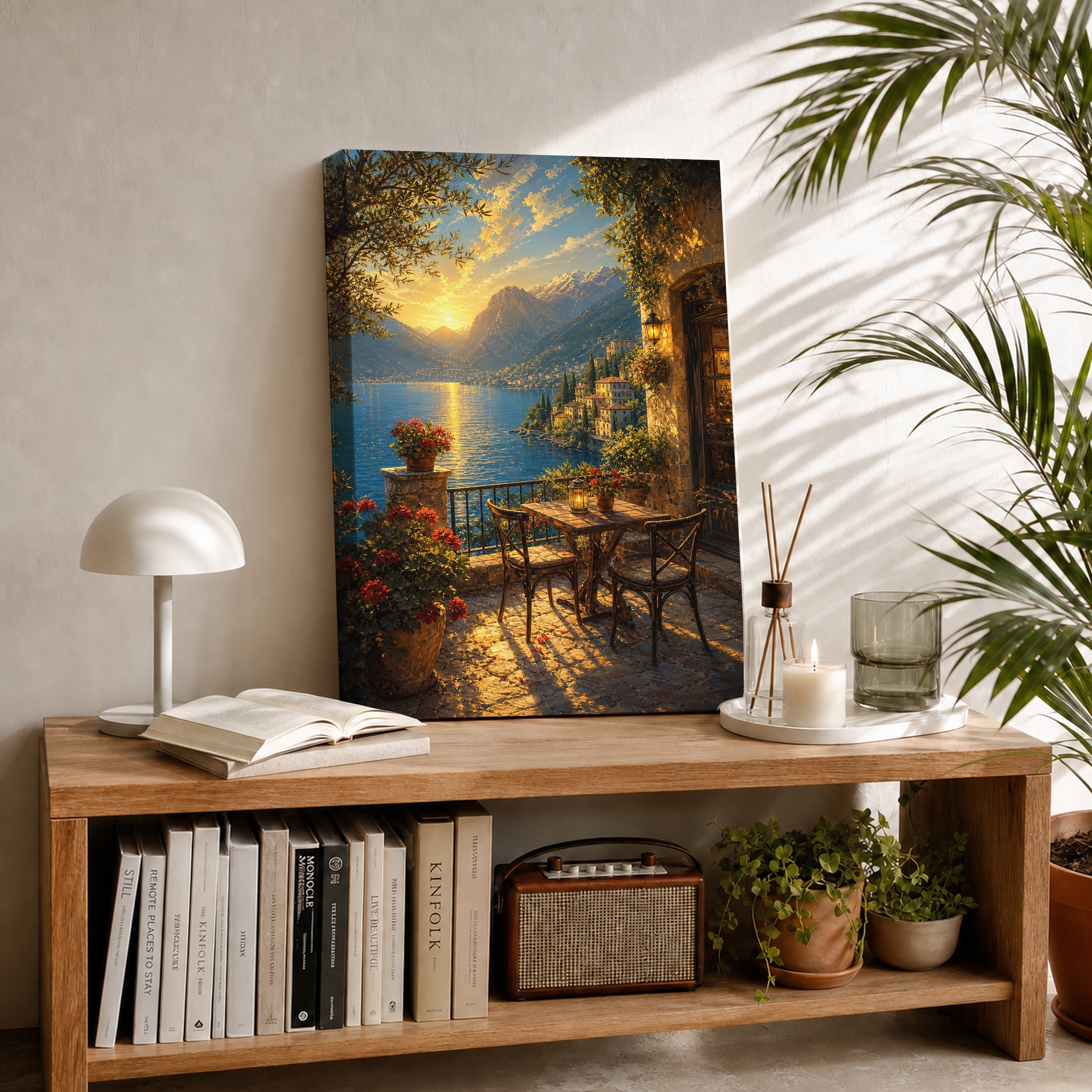 Lake Como Terrace Sunset canvas room mockup by Seji Art
