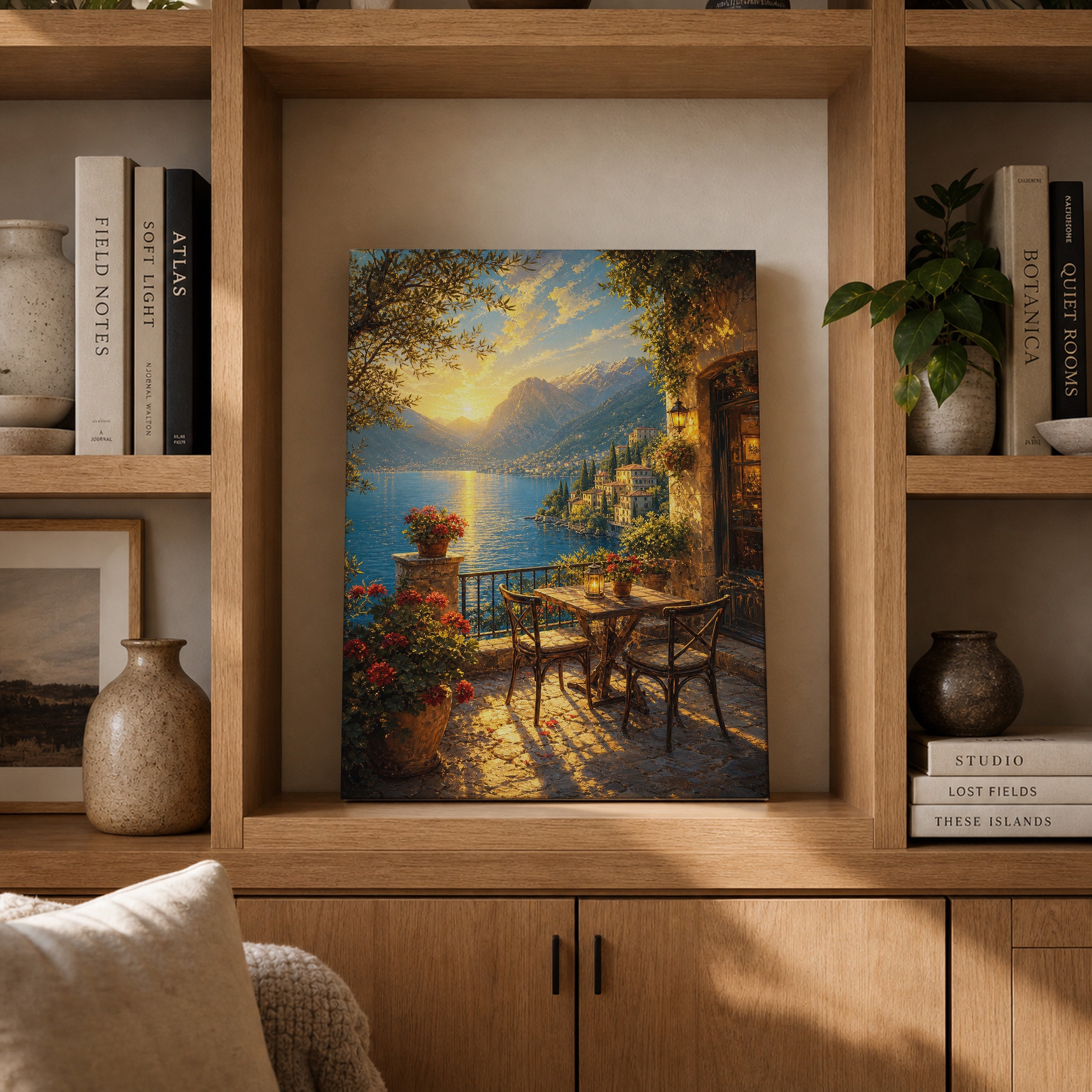 Lake Como Terrace Sunset canvas gallery shelf mockup by Seji Art