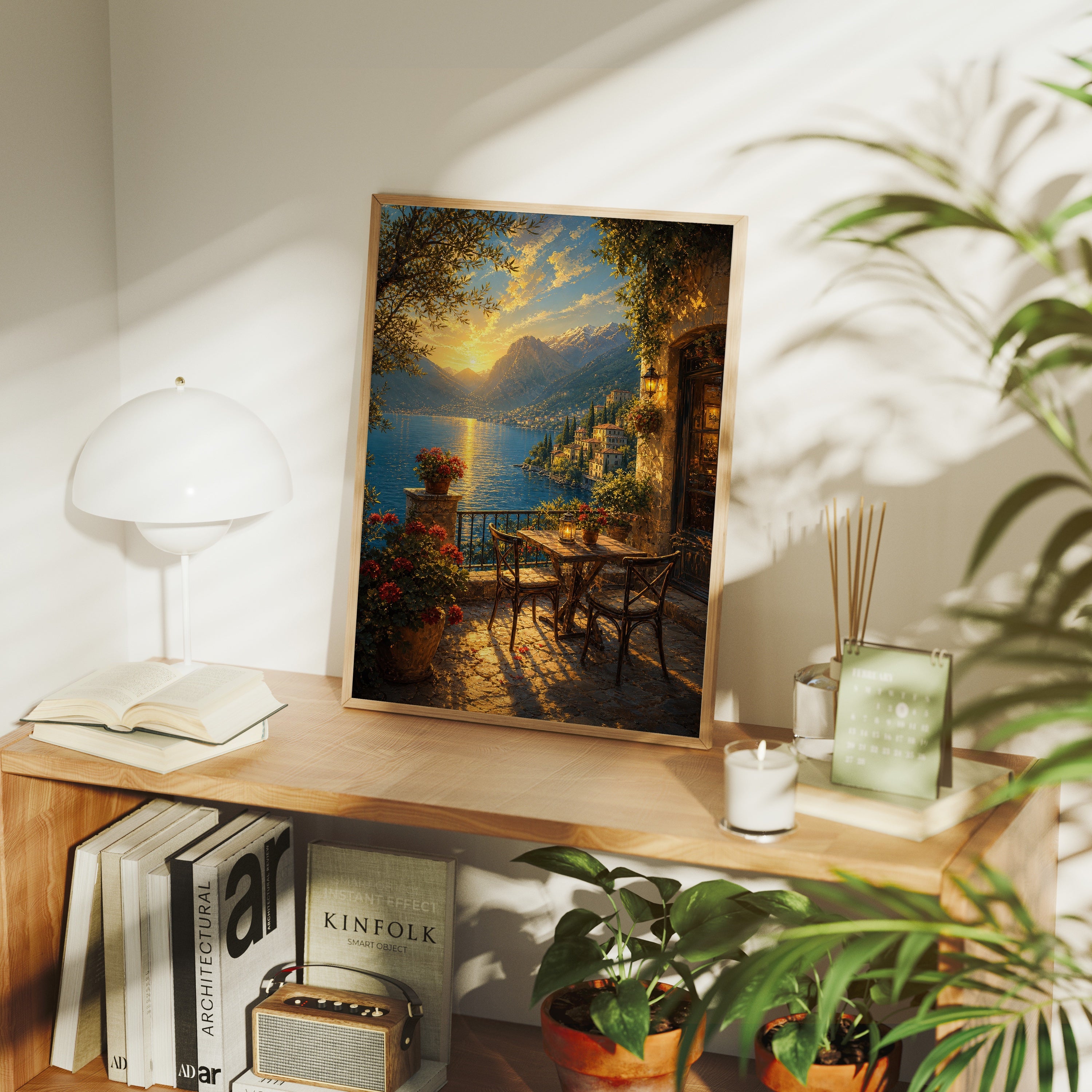 Lake Como Terrace Sunset poster framed room mockup by Seji Art