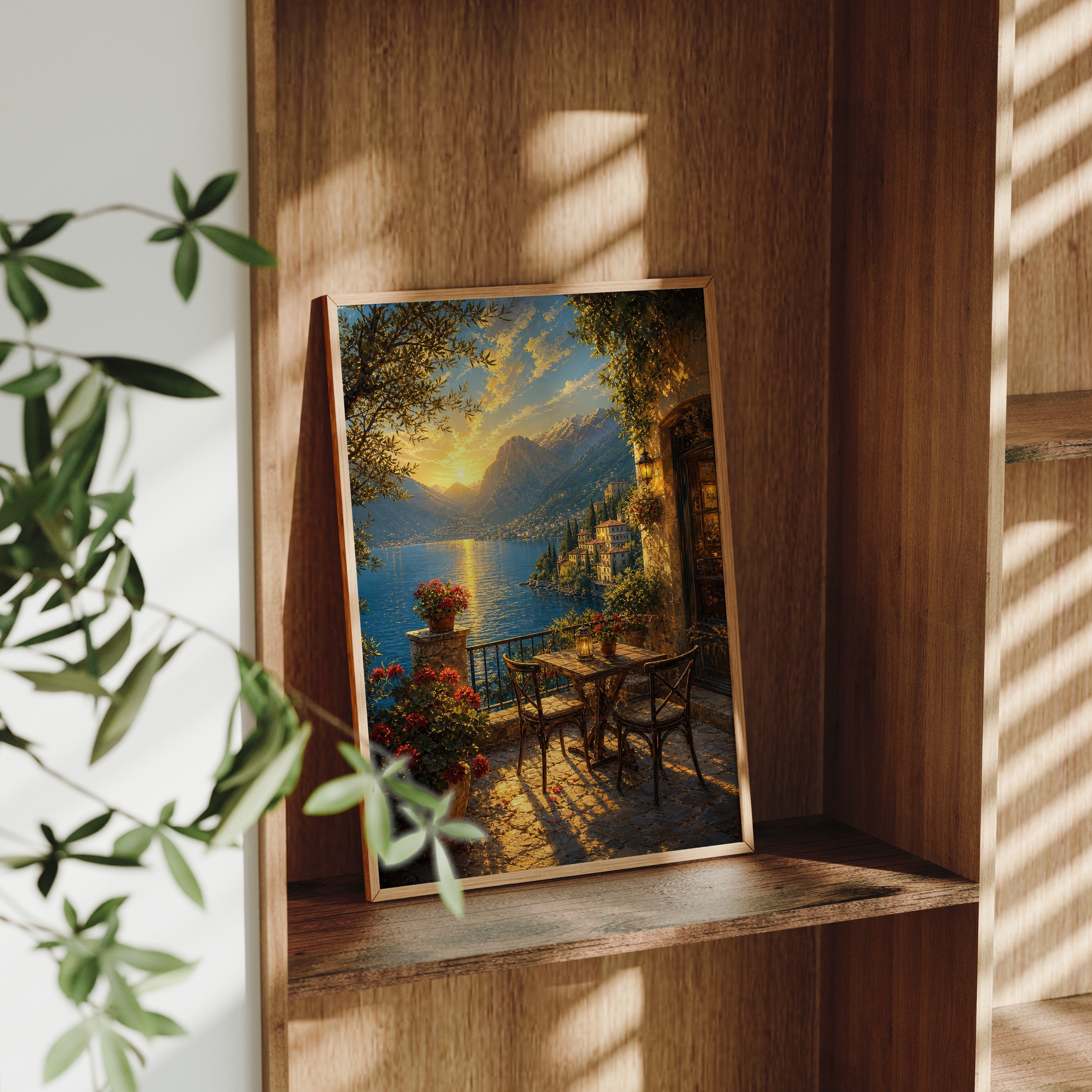 Lake Como Terrace Sunset poster gallery shelf mockup by Seji Art