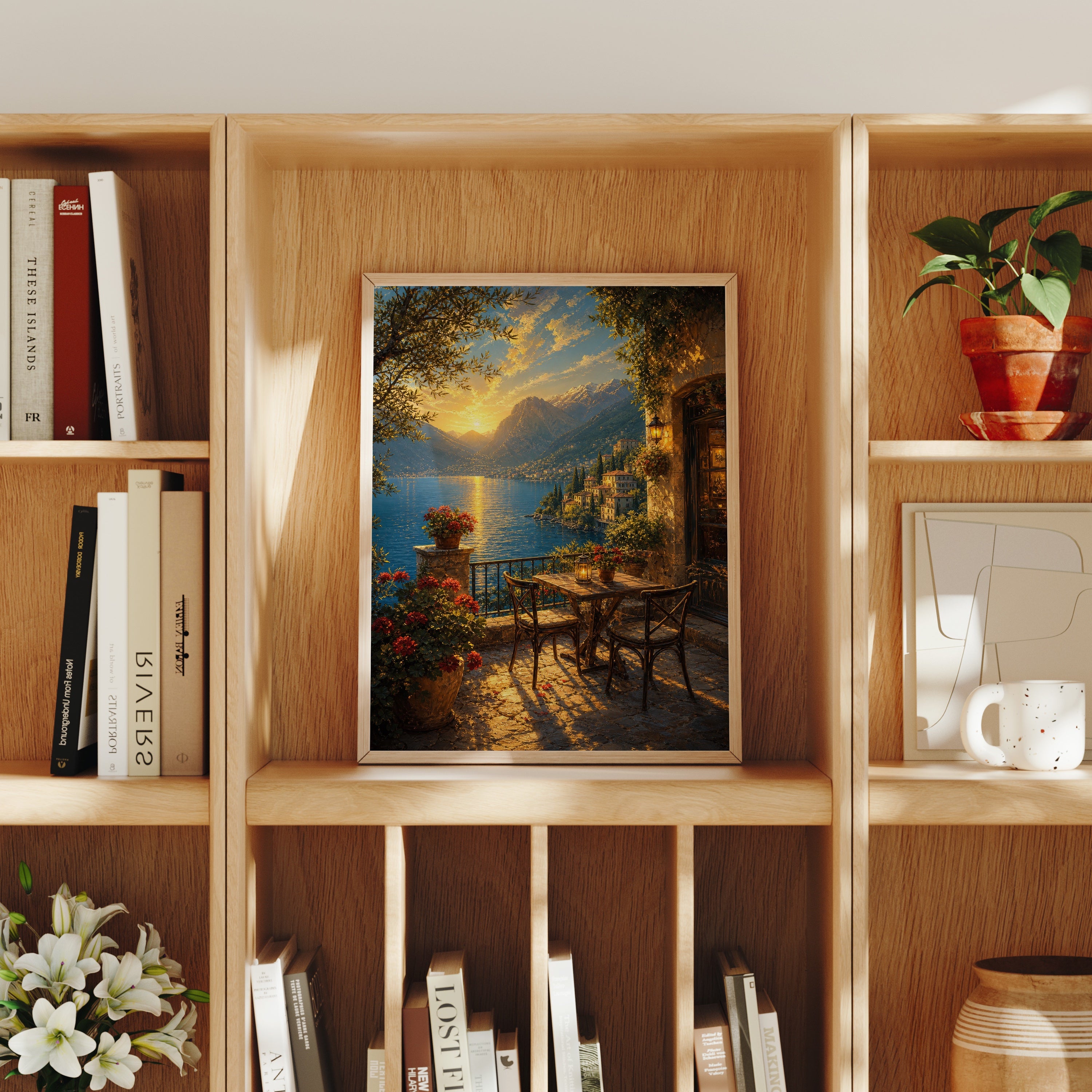 Lake Como Terrace Sunset poster home decor mockup by Seji Art