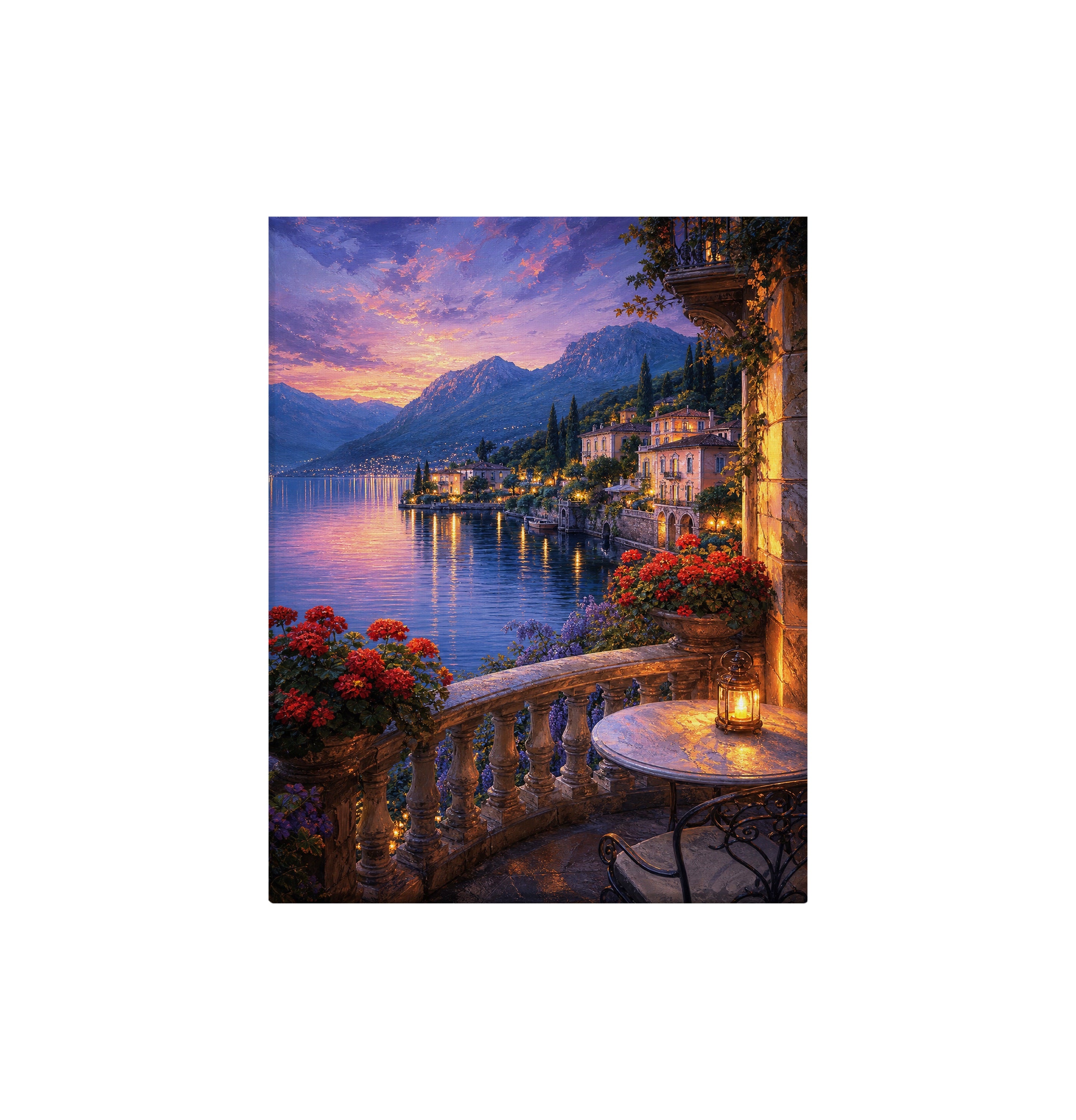 Lake Como Twilight Balcony canvas wall art preview by Seji Art