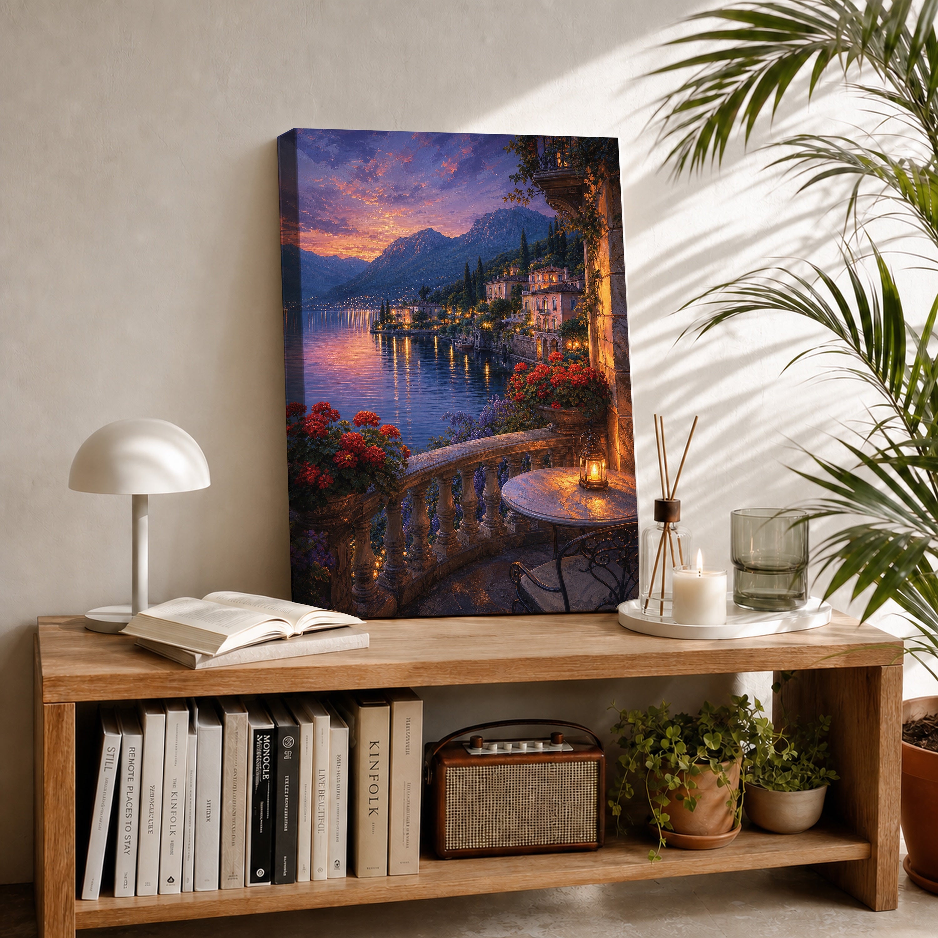 Lake Como Twilight Balcony canvas room mockup by Seji Art