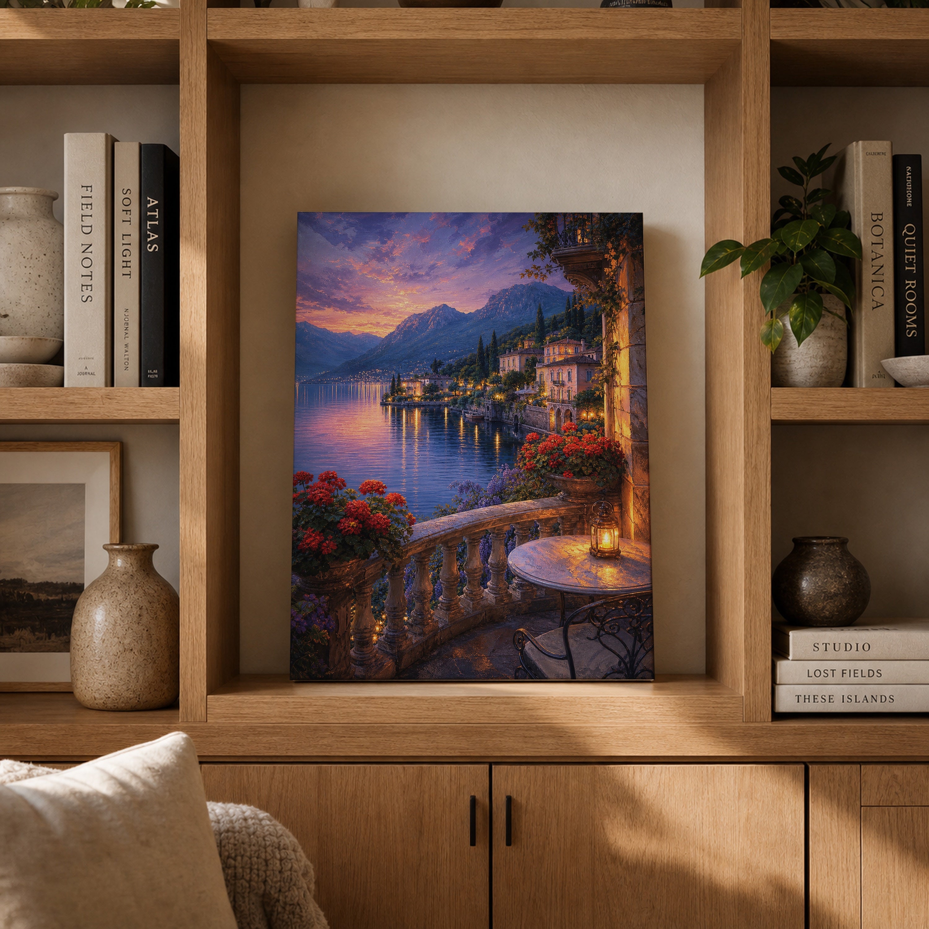 Lake Como Twilight Balcony canvas gallery shelf mockup by Seji Art