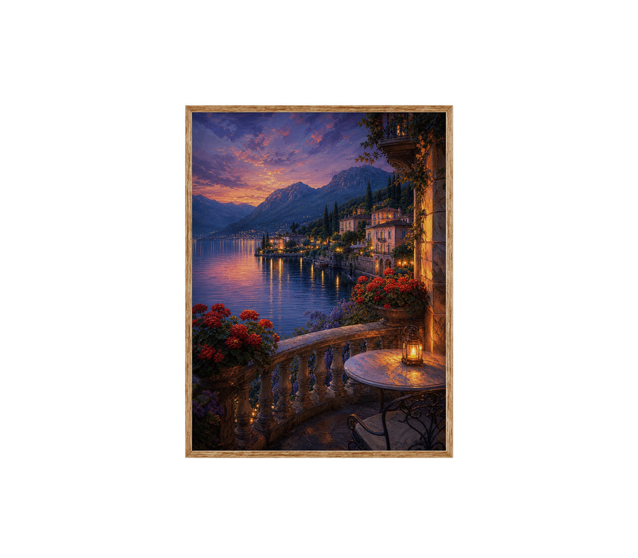 Lake Como Twilight Balcony poster print preview by Seji Art
