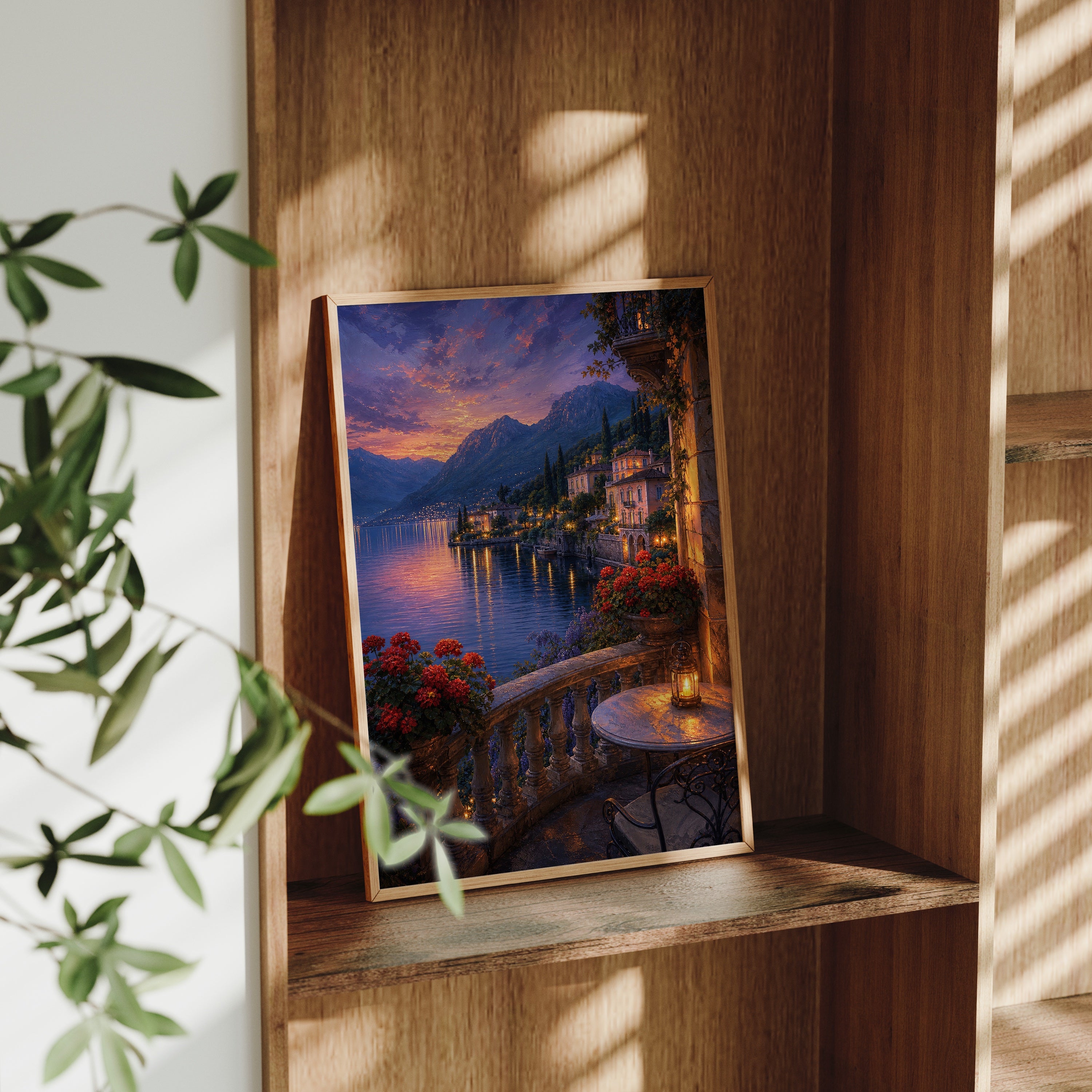 Lake Como Twilight Balcony poster gallery shelf mockup by Seji Art