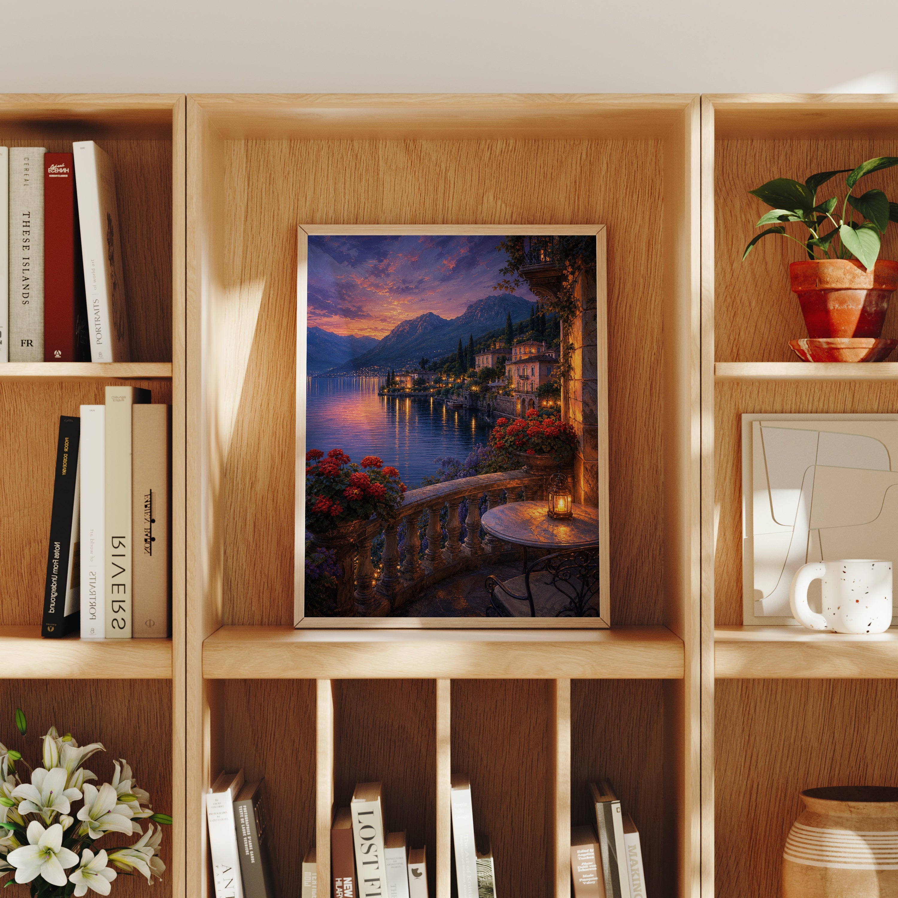 Lake Como Twilight Balcony poster home decor mockup by Seji Art
