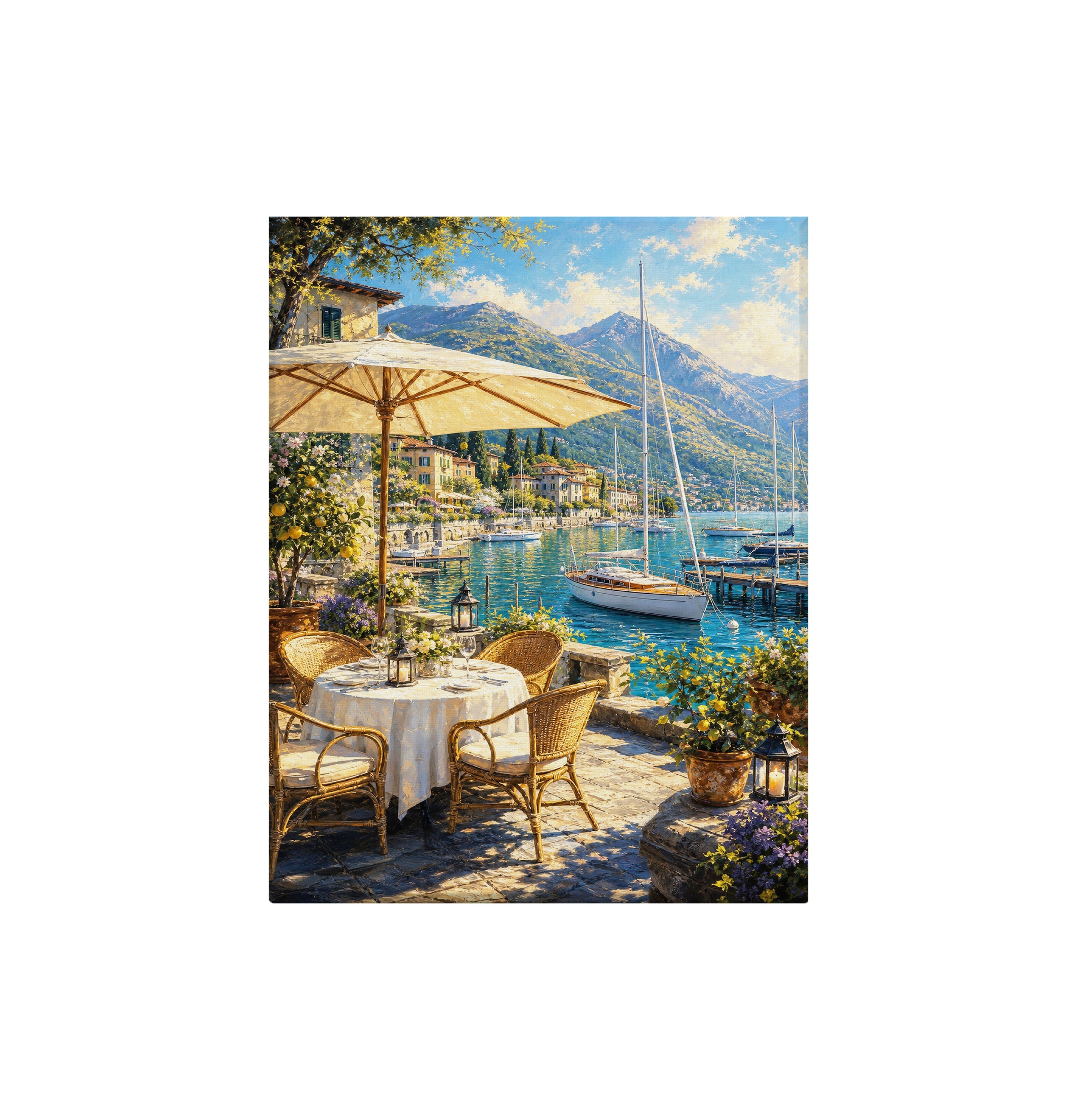Lake Como Umbrella Terrace canvas wall art preview by Seji Art