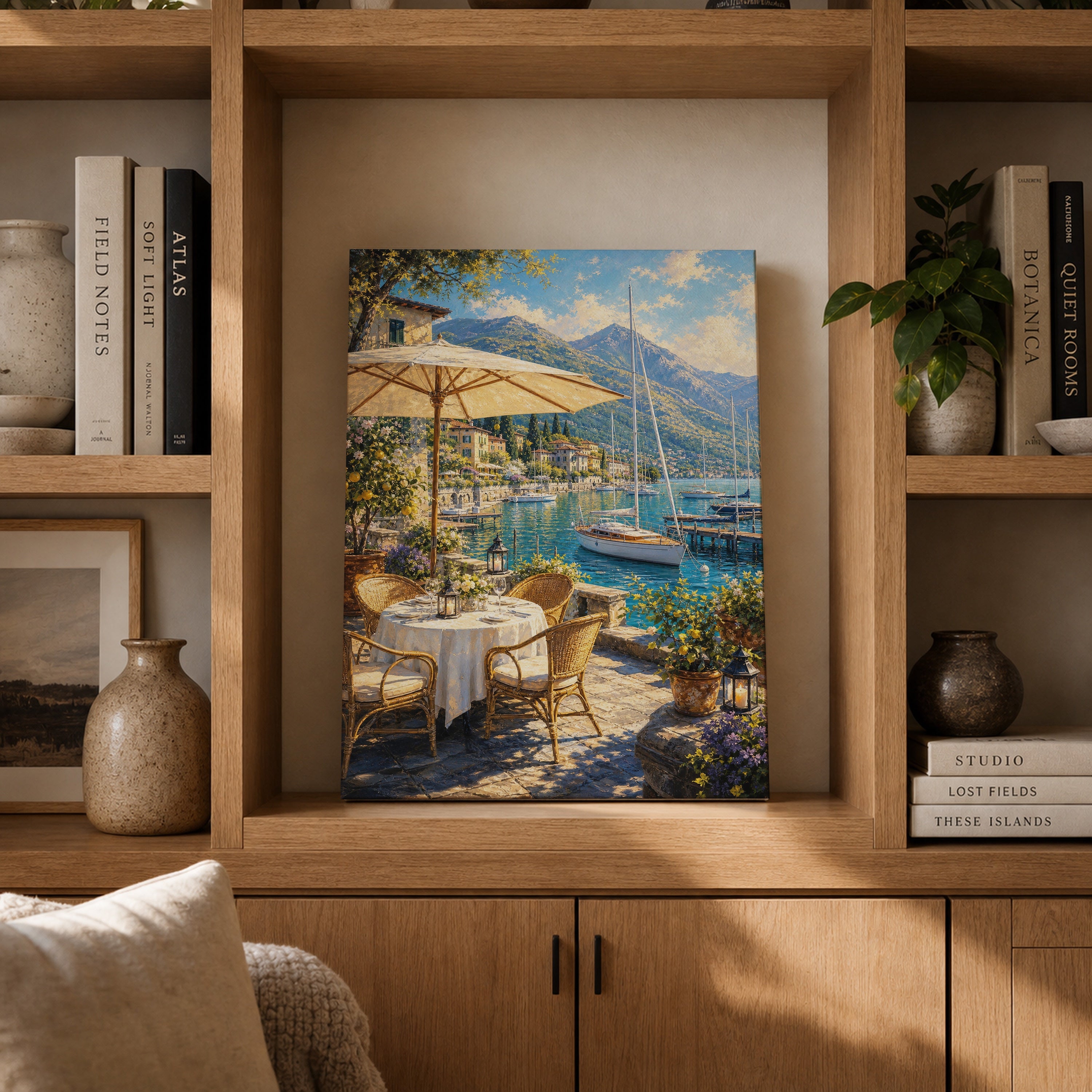 Lake Como Umbrella Terrace canvas gallery shelf mockup by Seji Art