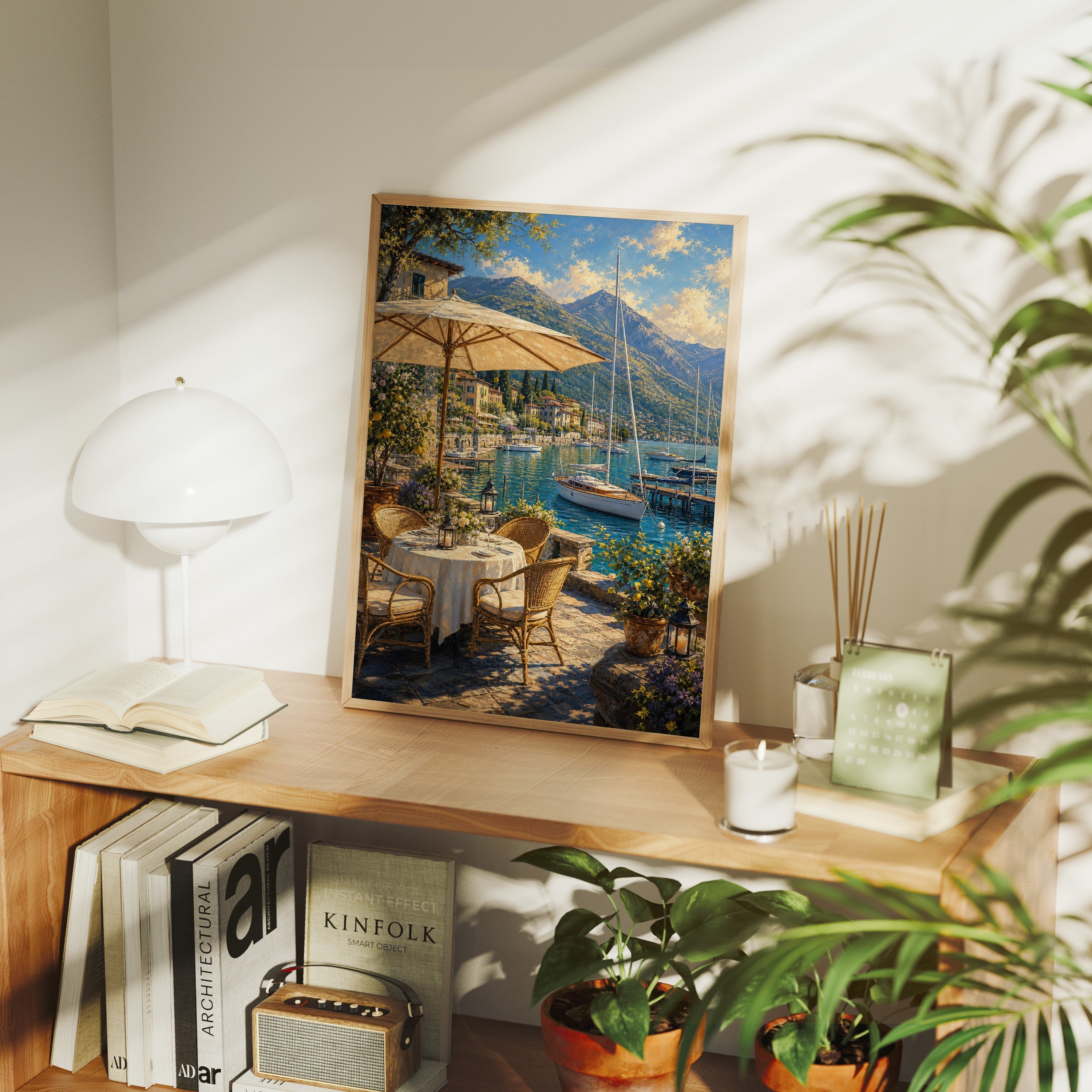 Lake Como Umbrella Terrace poster framed room mockup by Seji Art