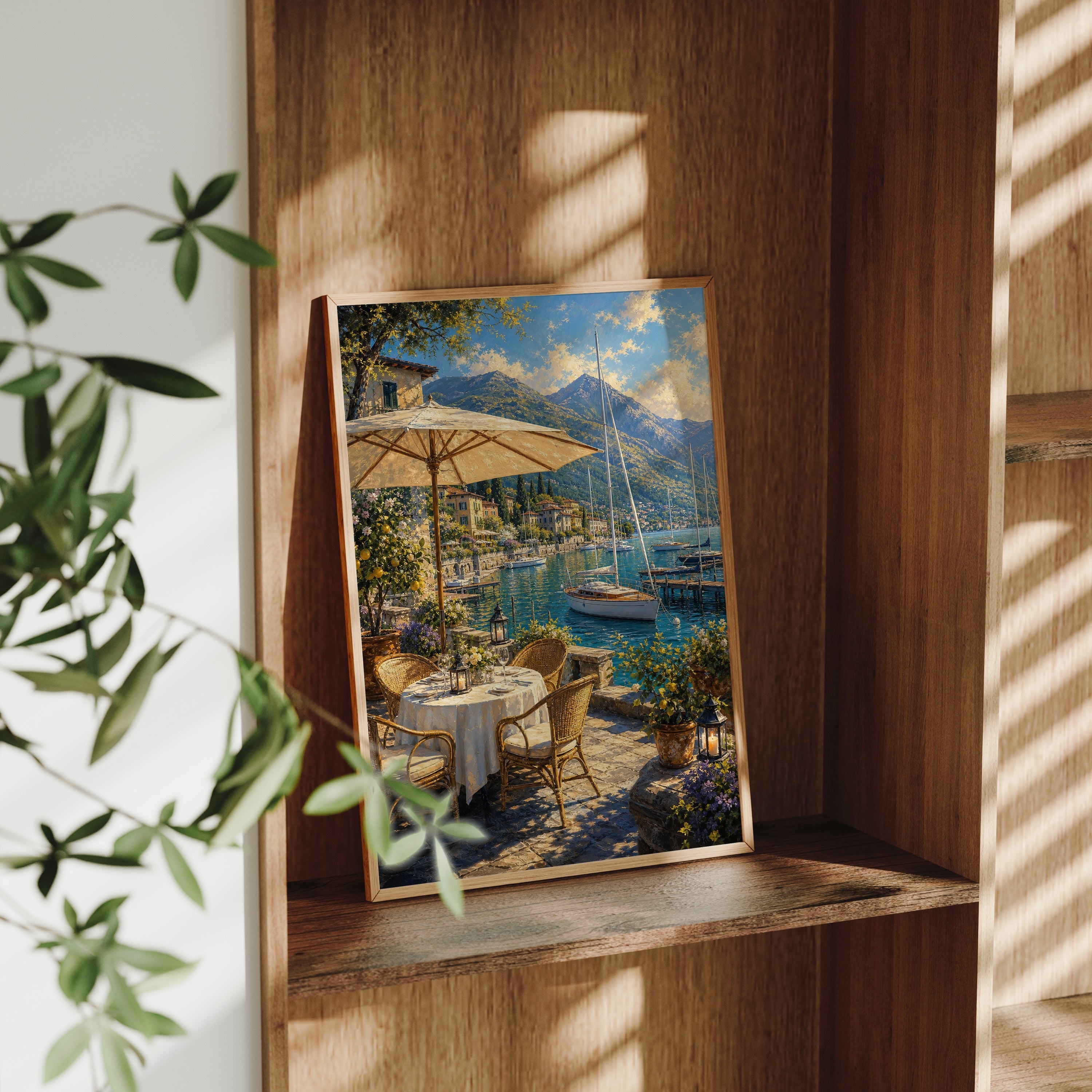 Lake Como Umbrella Terrace poster gallery shelf mockup by Seji Art