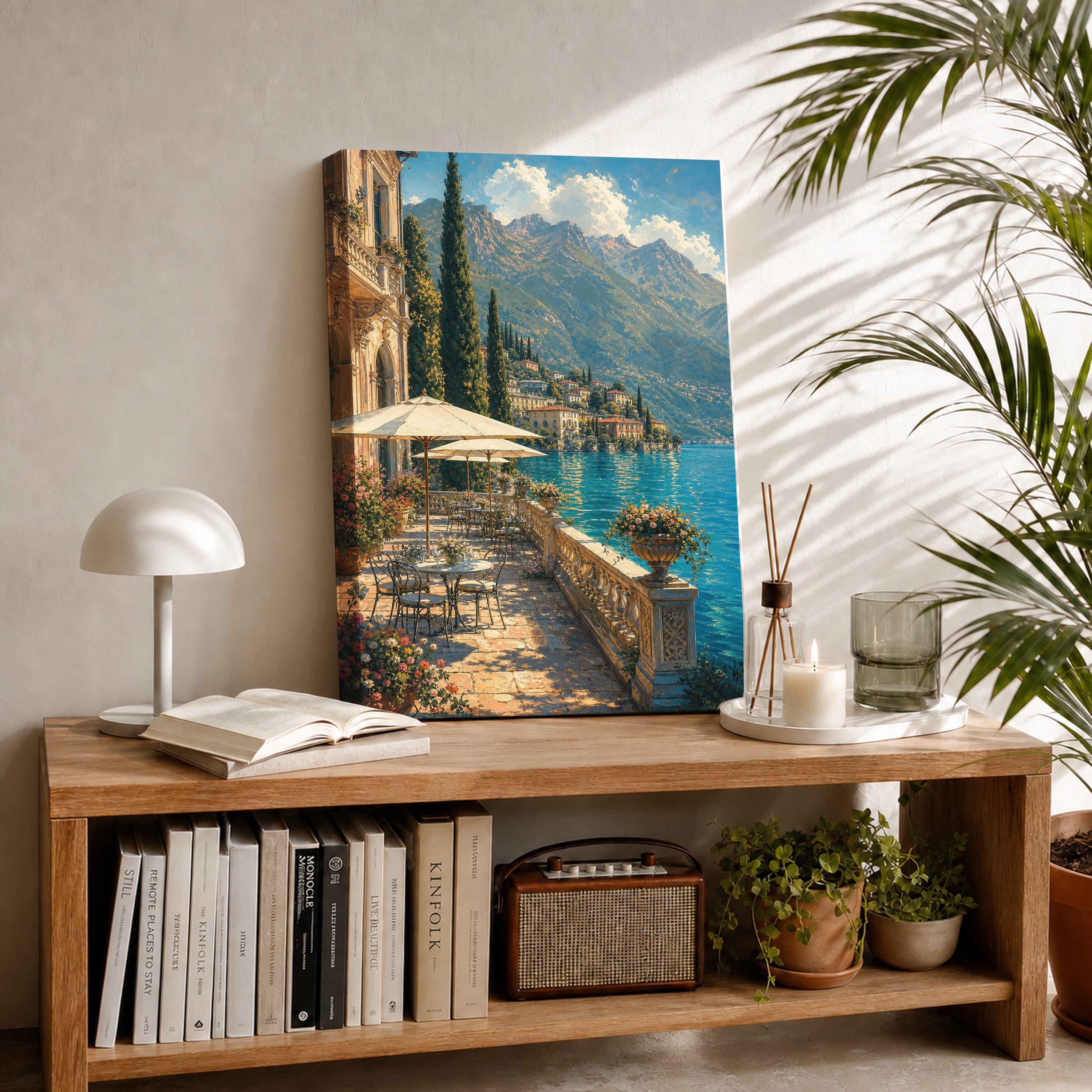 Lake Como Waterfront Village canvas room mockup by Seji Art