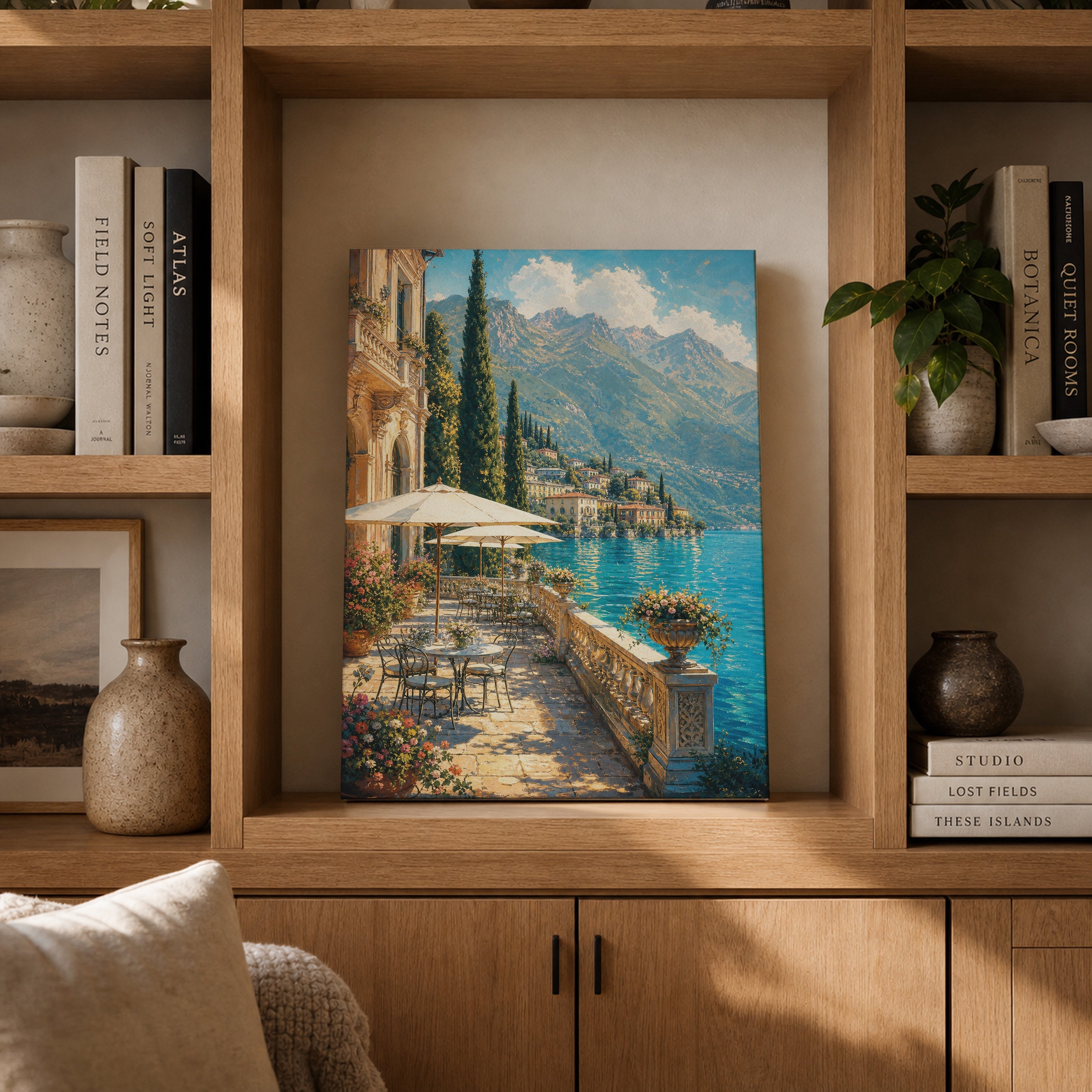 Lake Como Waterfront Village canvas gallery shelf mockup by Seji Art