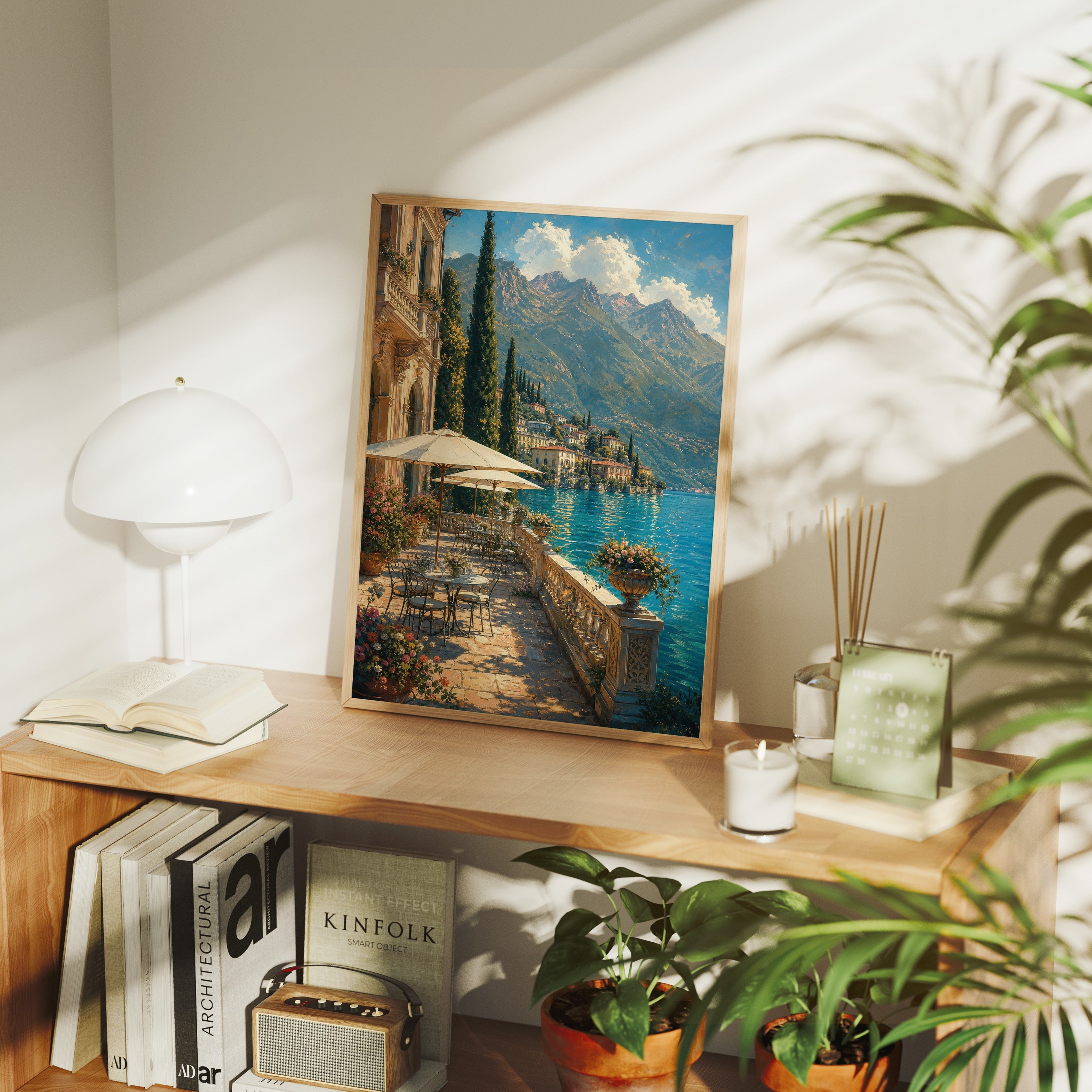 Lake Como Waterfront Village poster framed room mockup by Seji Art
