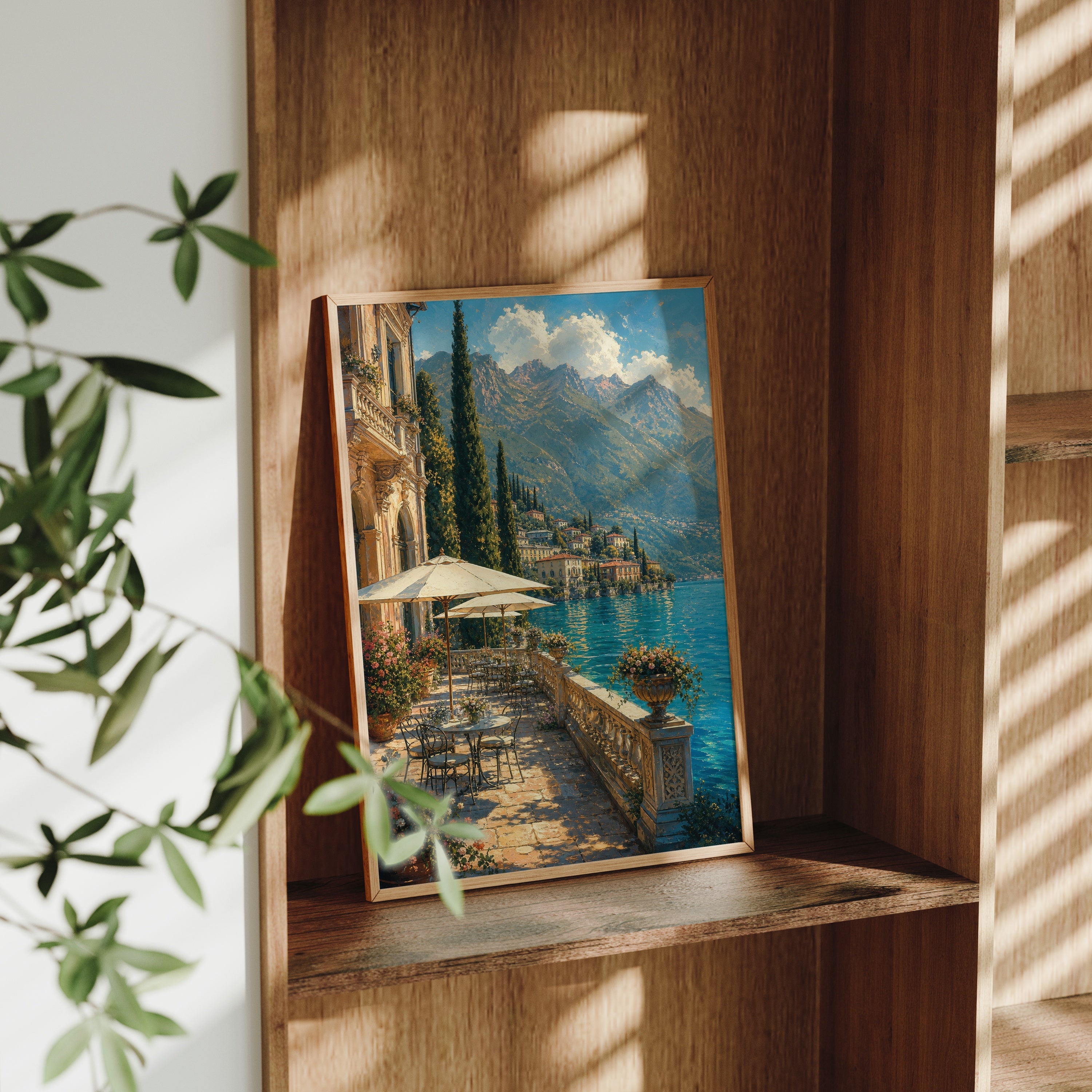 Lake Como Waterfront Village poster gallery shelf mockup by Seji Art