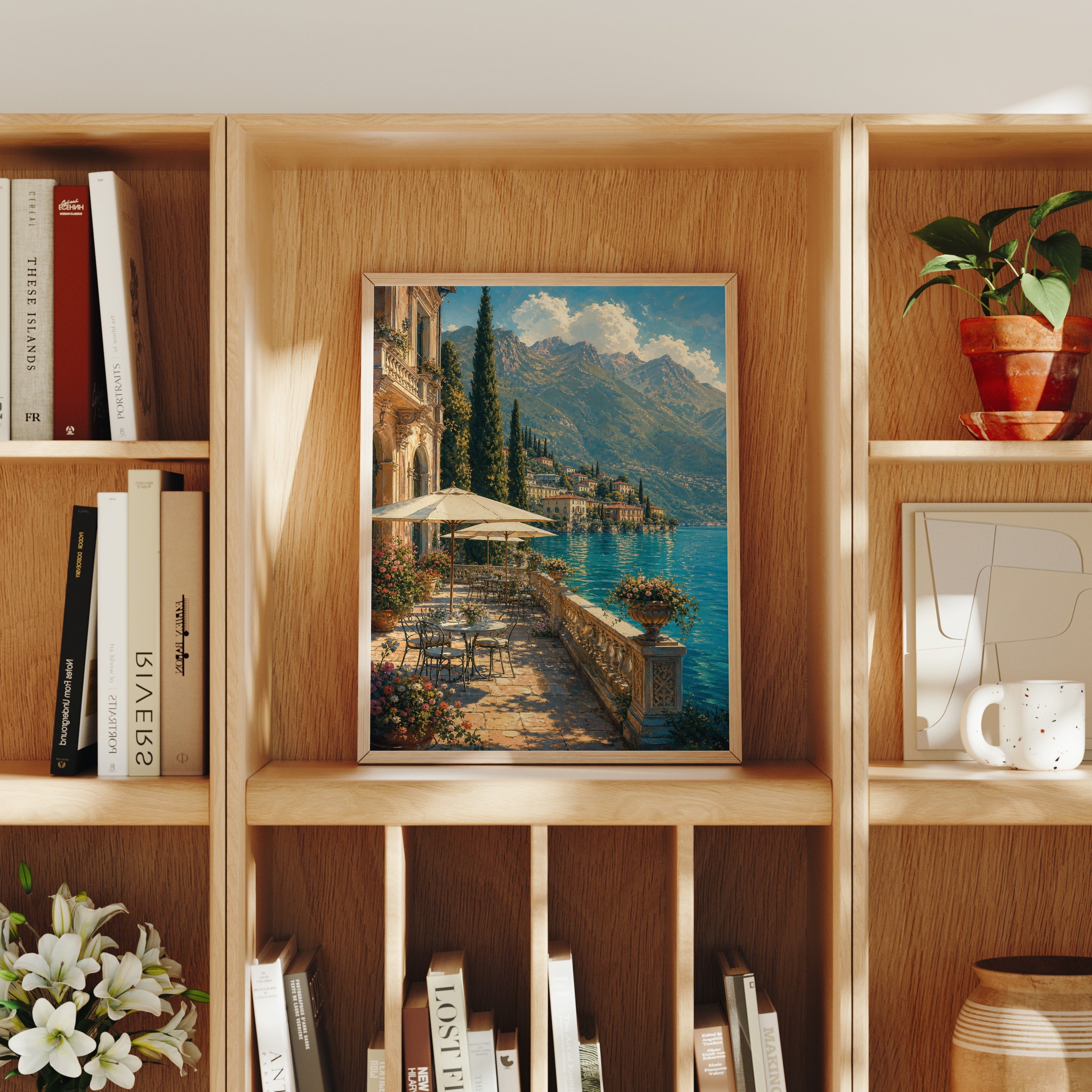 Lake Como Waterfront Village poster home decor mockup by Seji Art